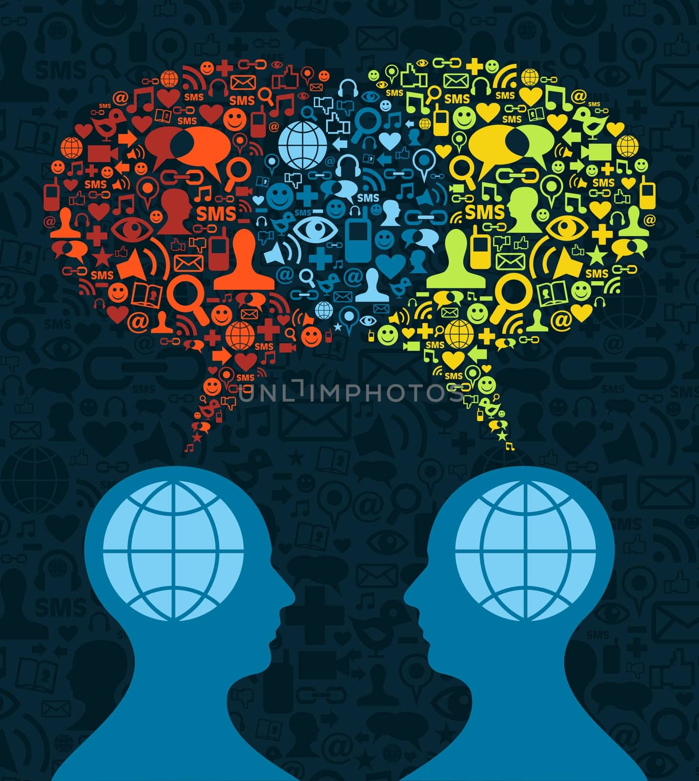 Two human figures face to face in conceptual social media communication on icon set blue background. Vector file available.