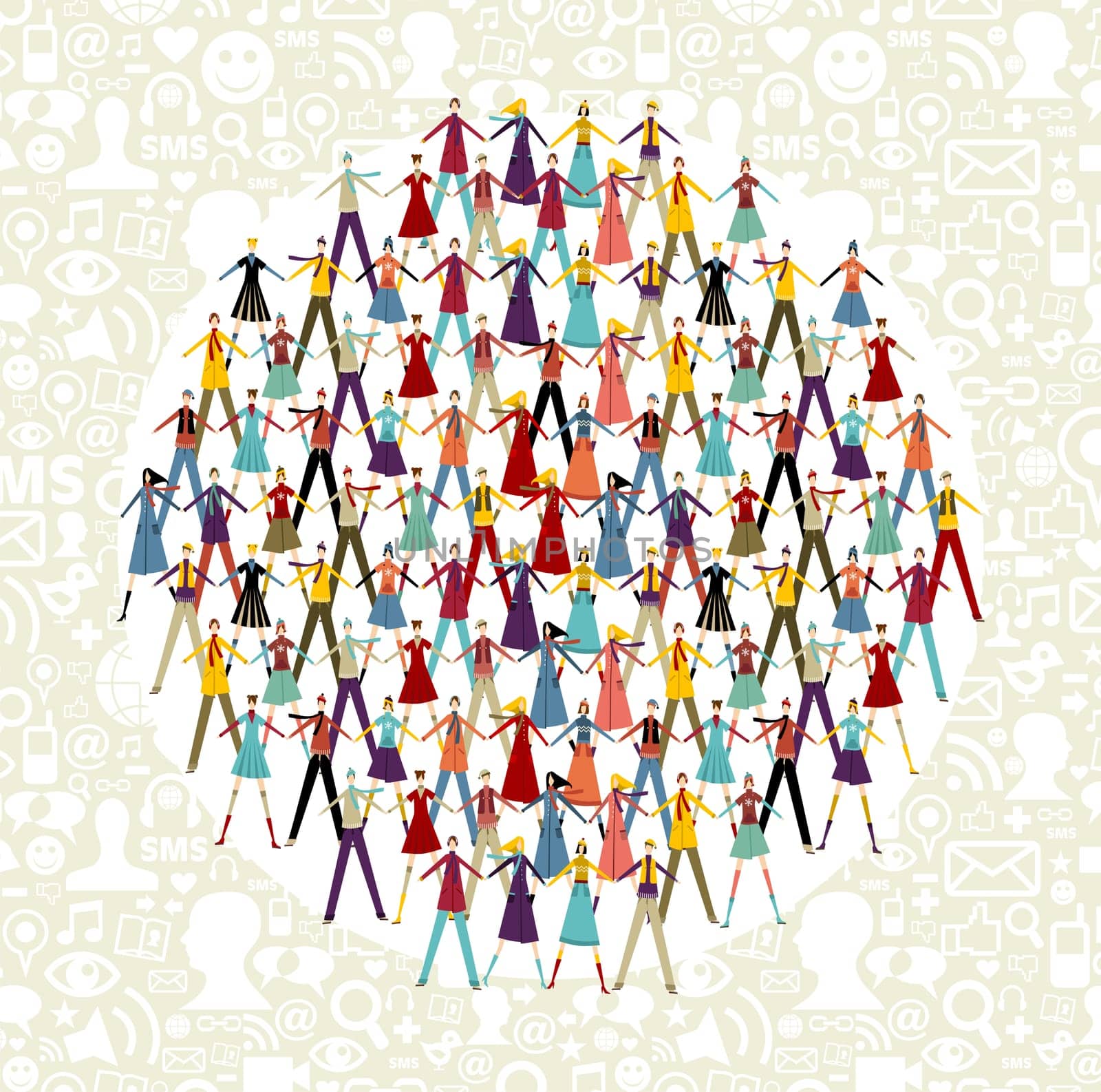 Taked by hands people group in circle shape. Social icons set pattern background.