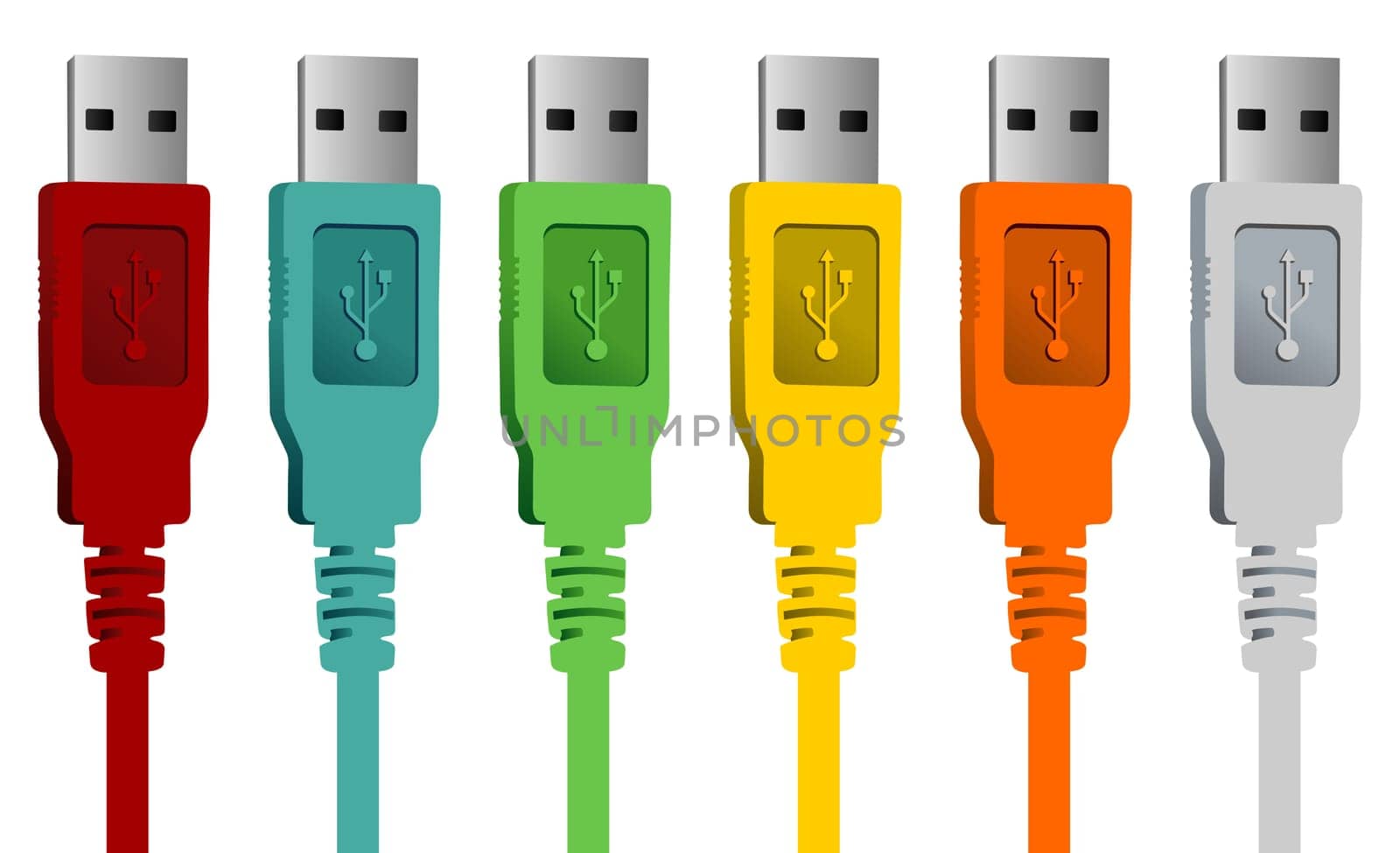 Set of USB cables in various colors isolated over white background. Vector file available.