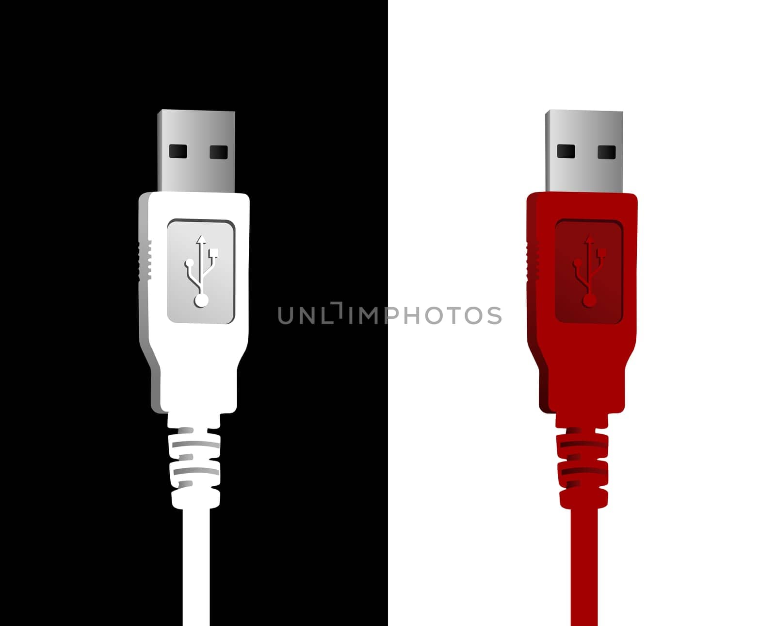 USB cables in red and white on black and white background. Vector file available.