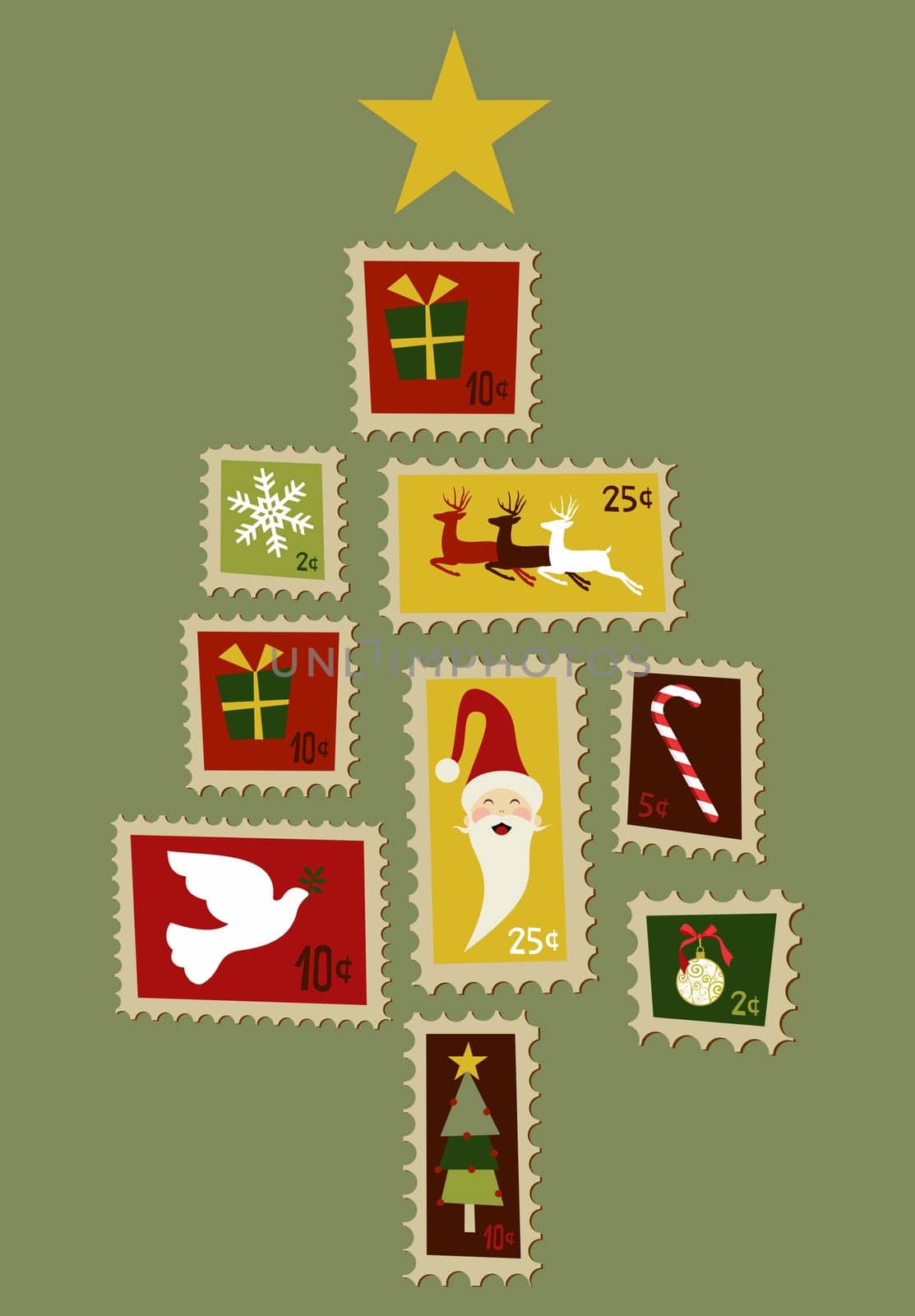 Christmas tree made ??of multicolored Christmas stamps with a yellow star on the top on gray background.  Vector file available.