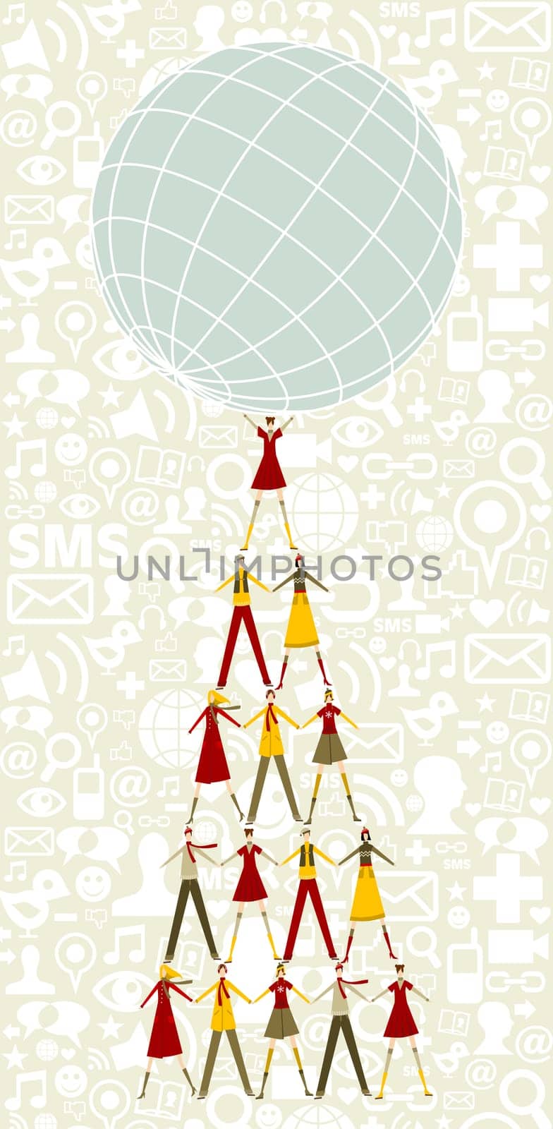 Pyramid as Christmas tree of people holding the world with social icons pattern background.