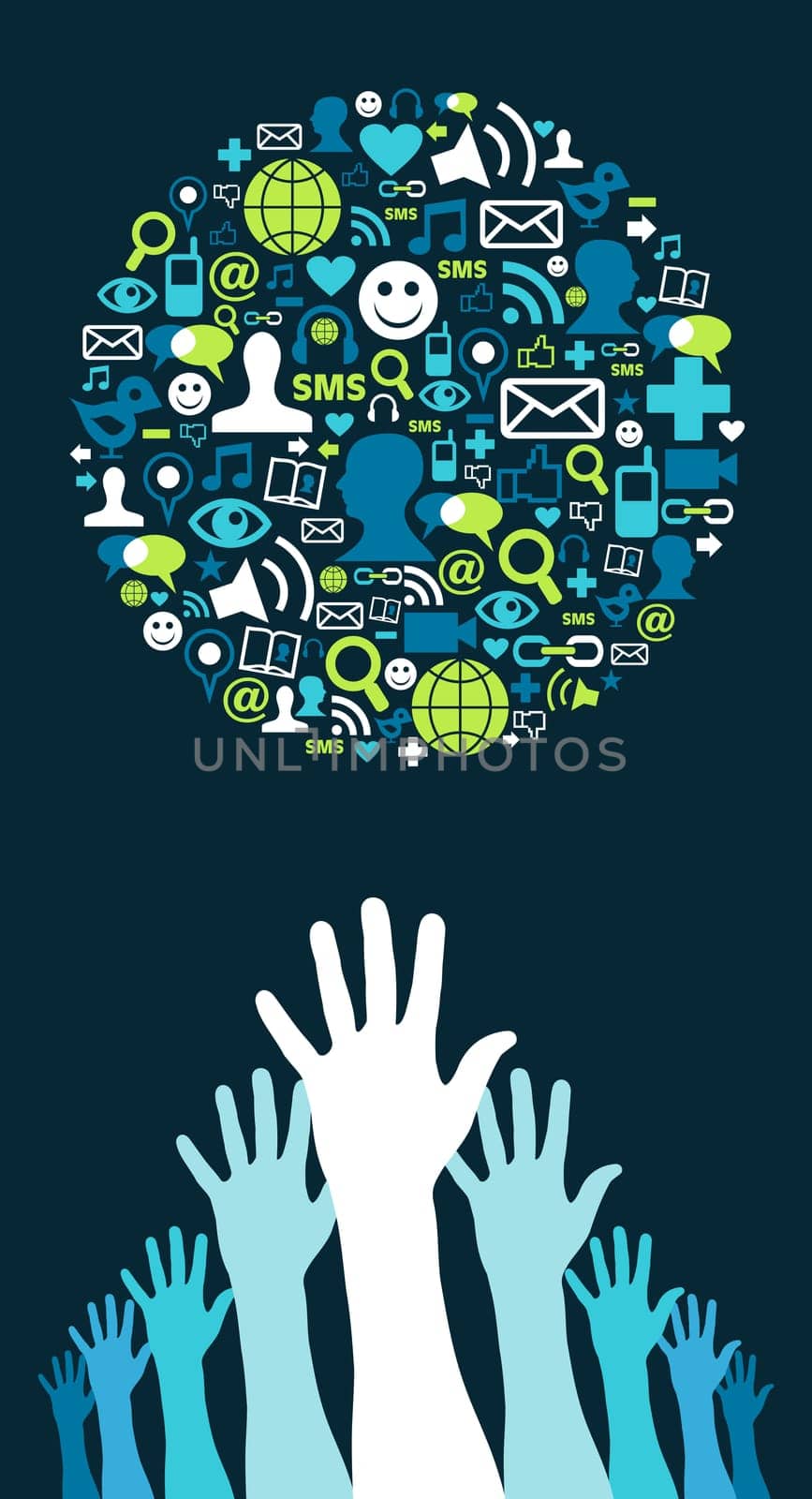 Several hands trying to reach a globe made with social media icons on blue background. Vector file available.