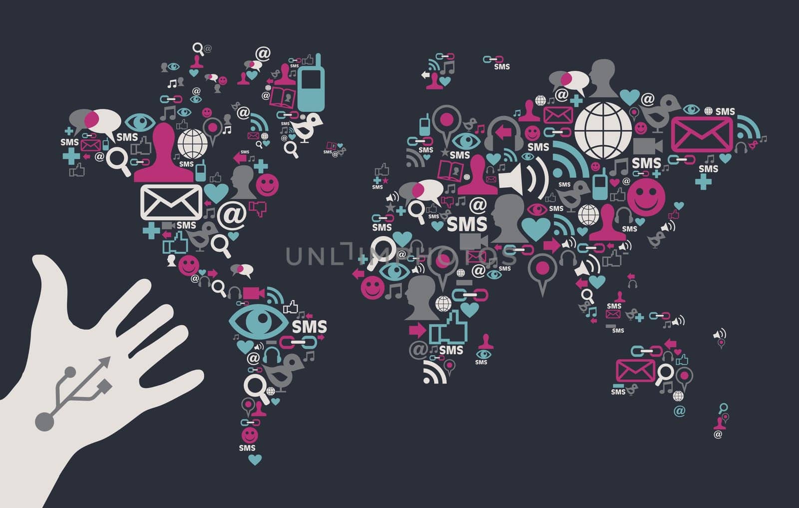 Social media icons set in World Map shape with one USB white hand over black background. Vector file available.