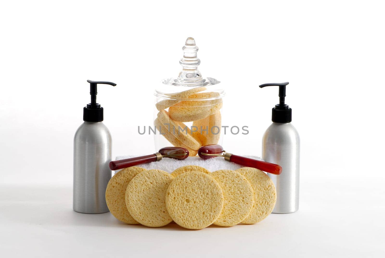Various professional spa products arranged on a white background