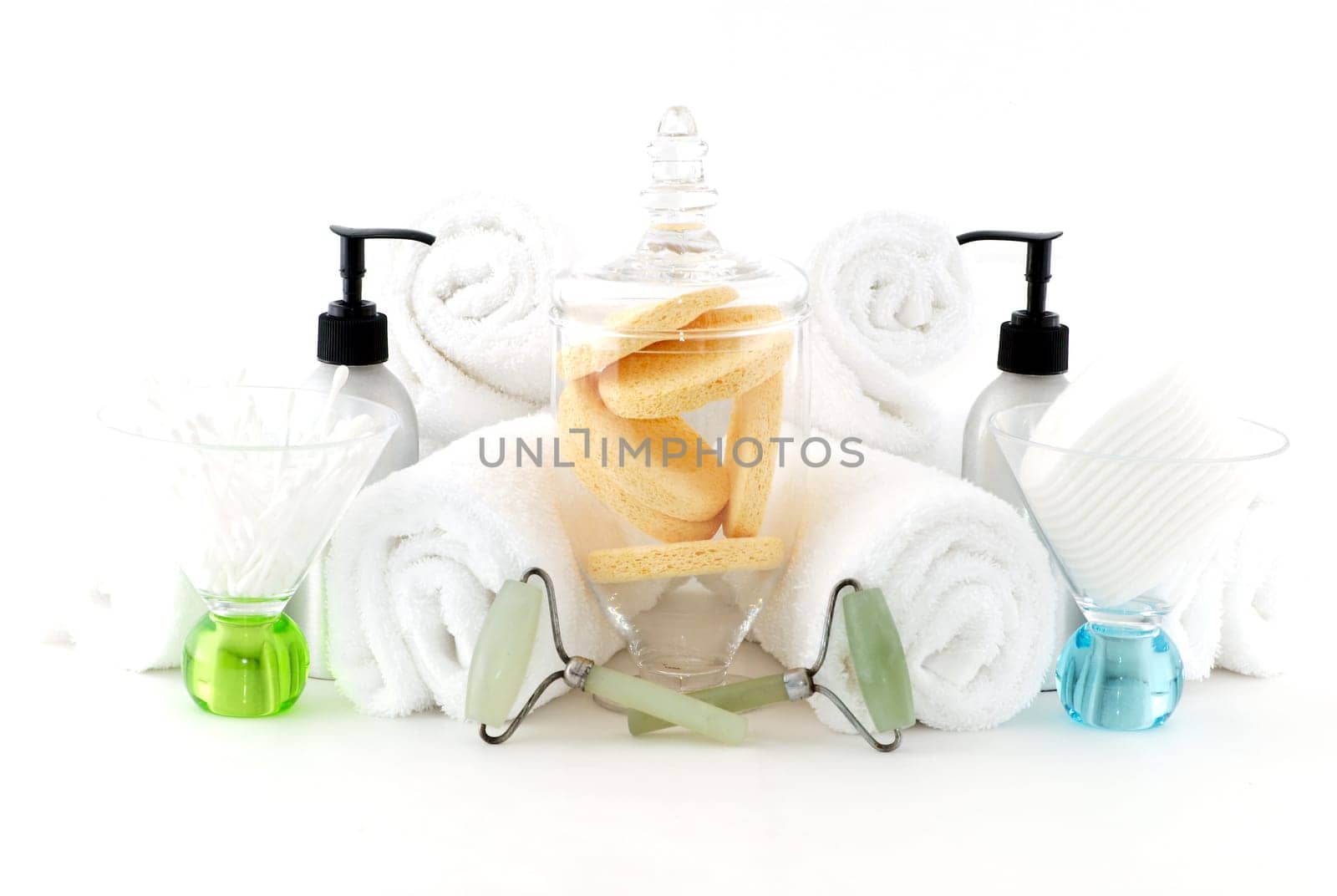 Various professional spa products arranged on a white background