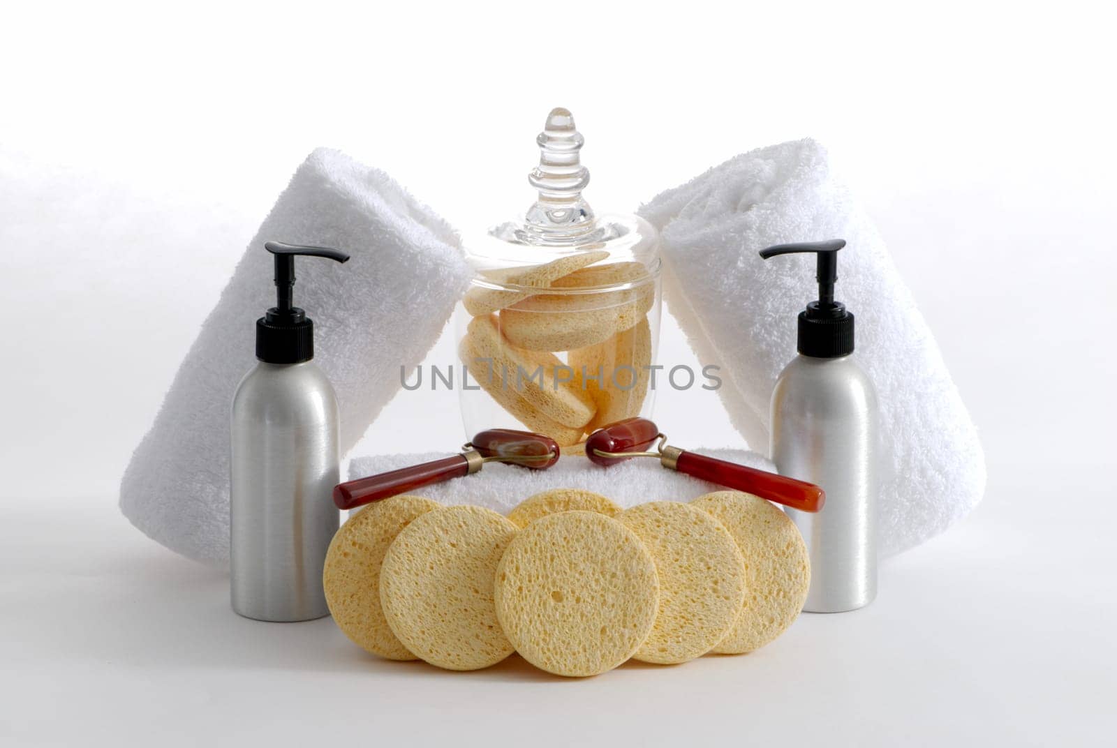 Various professional spa products arranged on a white background