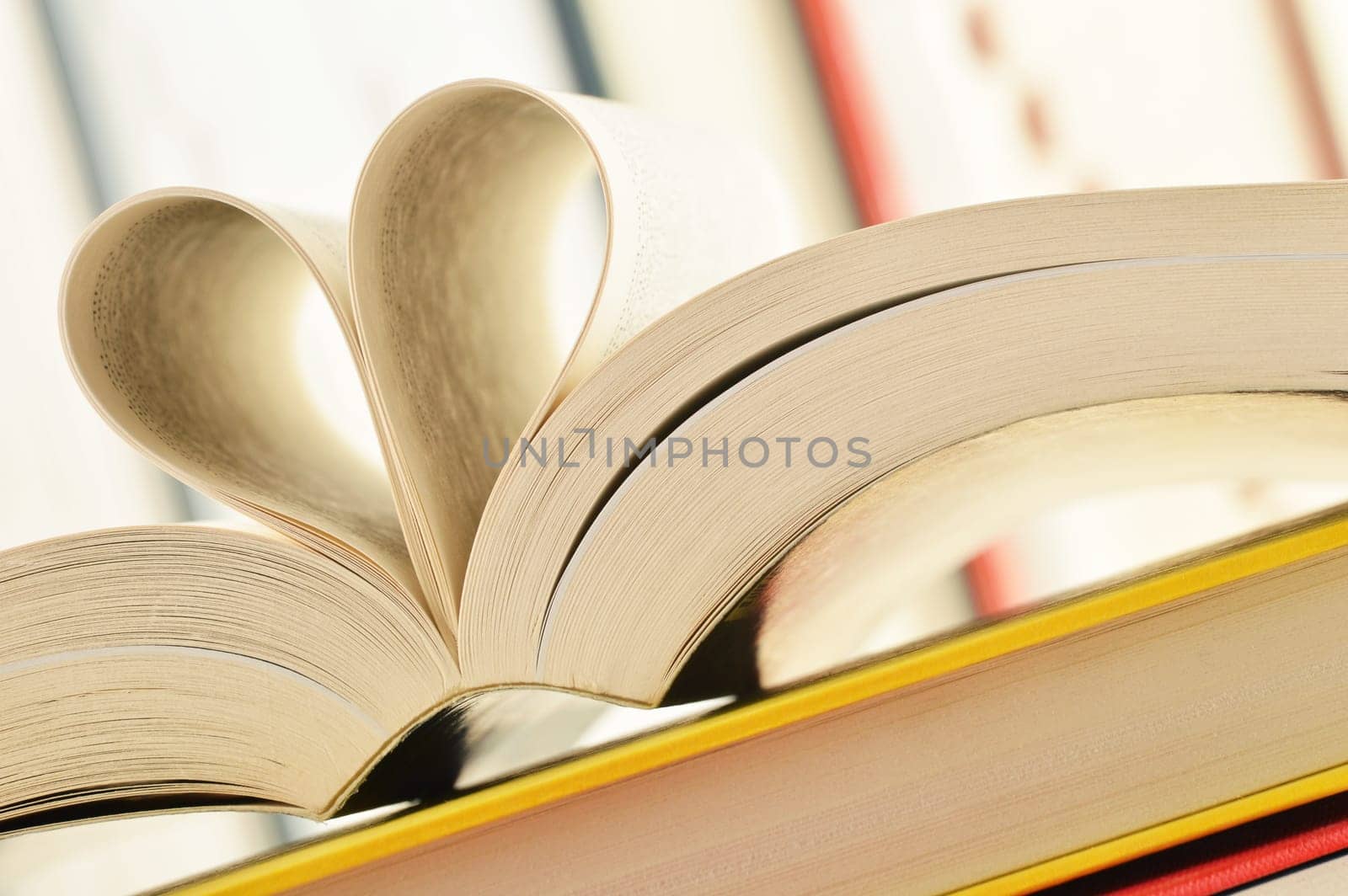 Composition with stack of books and pages formed in a shape of heart