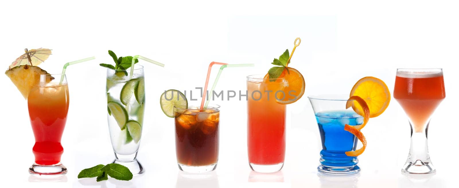 Different cocktails on white background