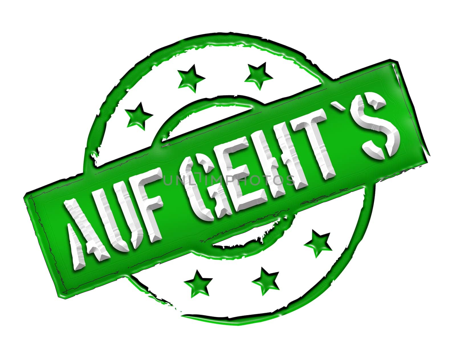 Sign and stamp for your presentation, for websites and many more named Auf geht's