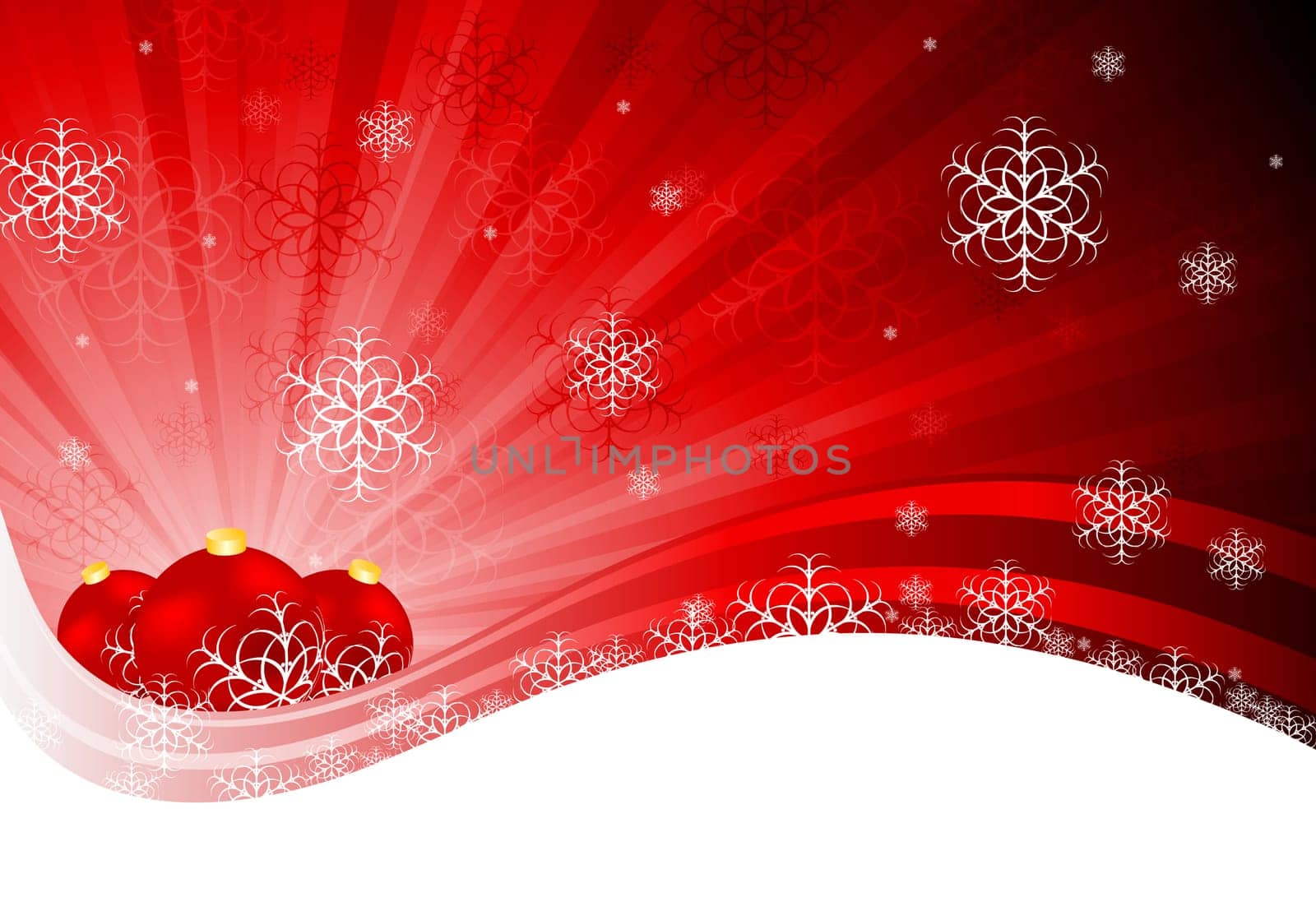 Bright red X-mas design with tree balls and snowflakes. Eps 10