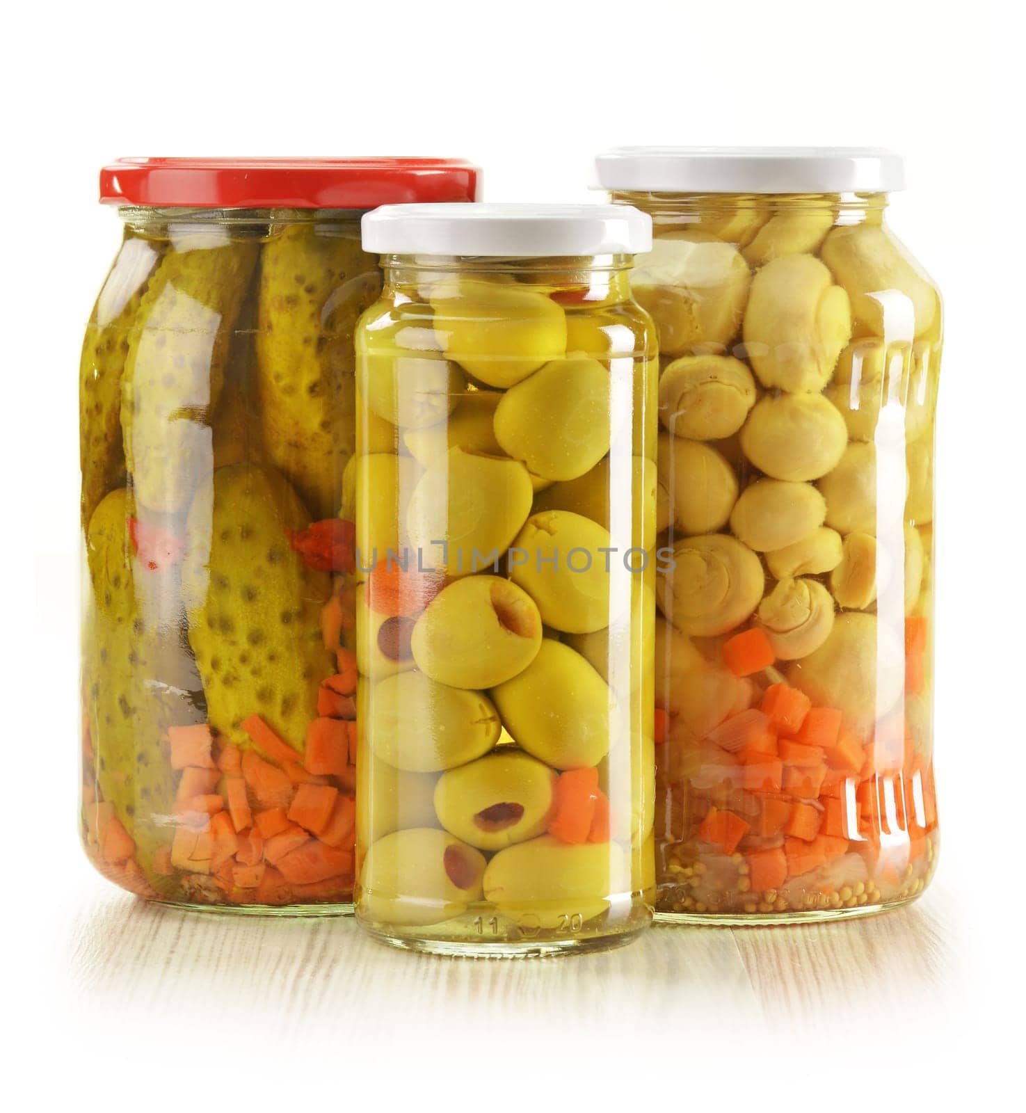 Jars of pickled vegetables. Marinated food.