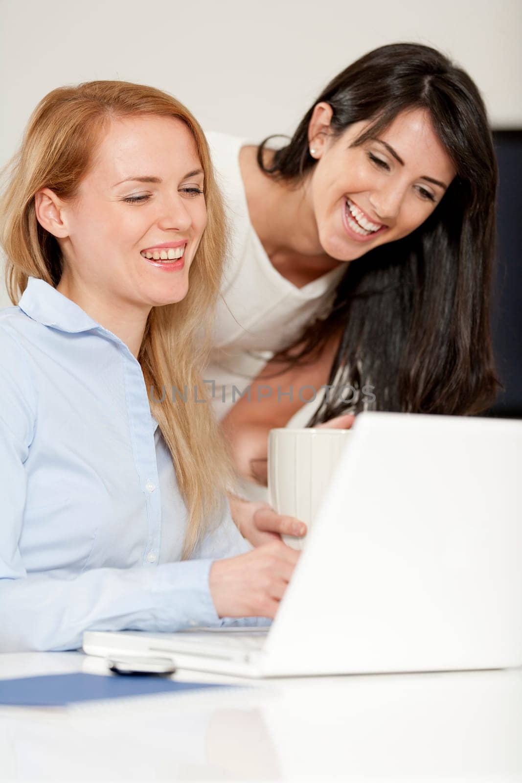 Two colleagues working in an office discussing business