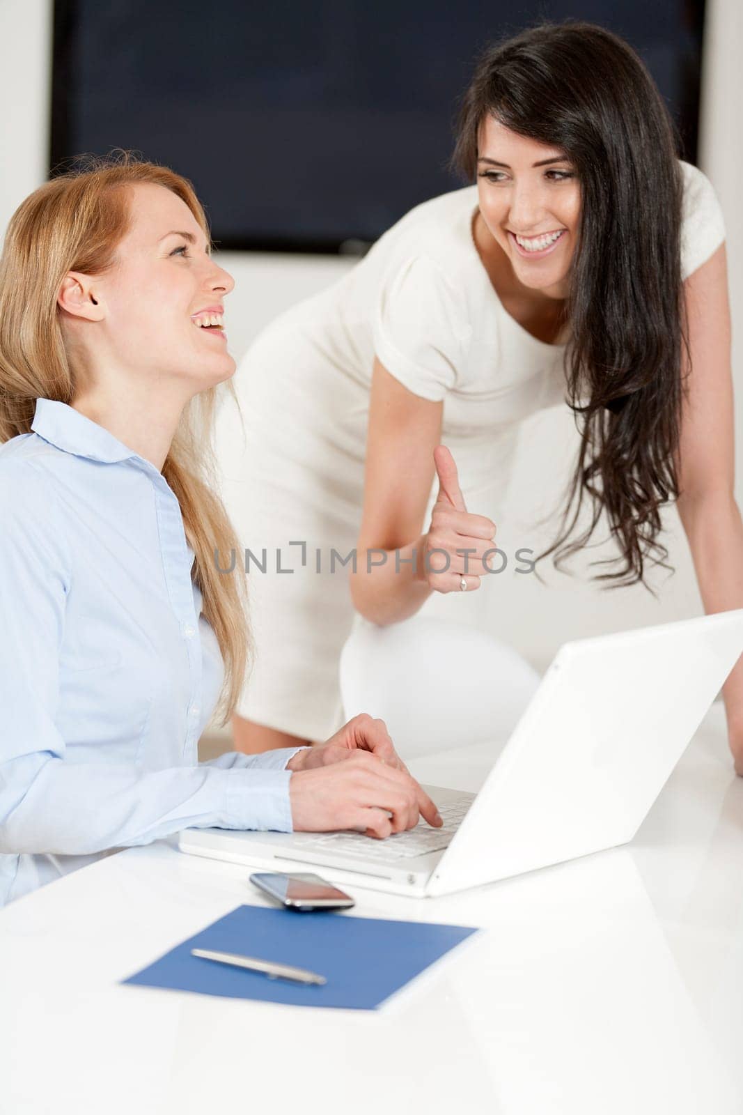Two colleagues working in an office discussing business