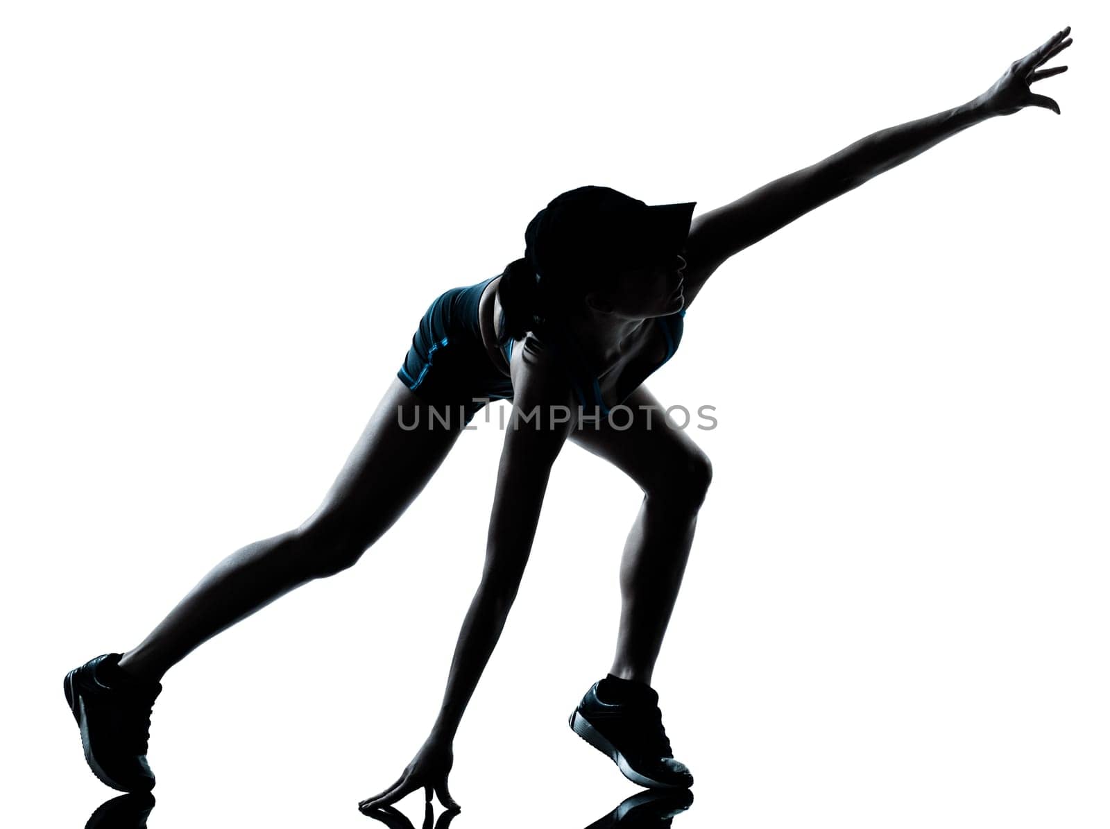 one caucasian woman runner jogger muscle strain cramp physical injury at legs in silhouette studio isolated on white background