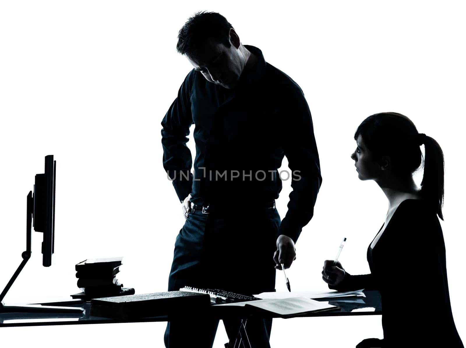 one man father professor and student teenager girl helping for homework in silhouette indoors isolated on white background