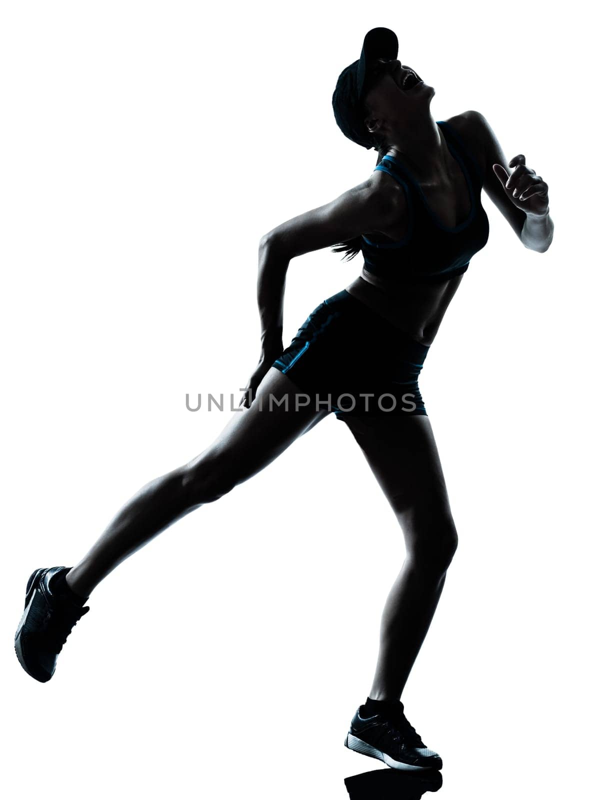 one caucasian woman runner jogger muscle strain cramp physical injury at legs in silhouette studio isolated on white background