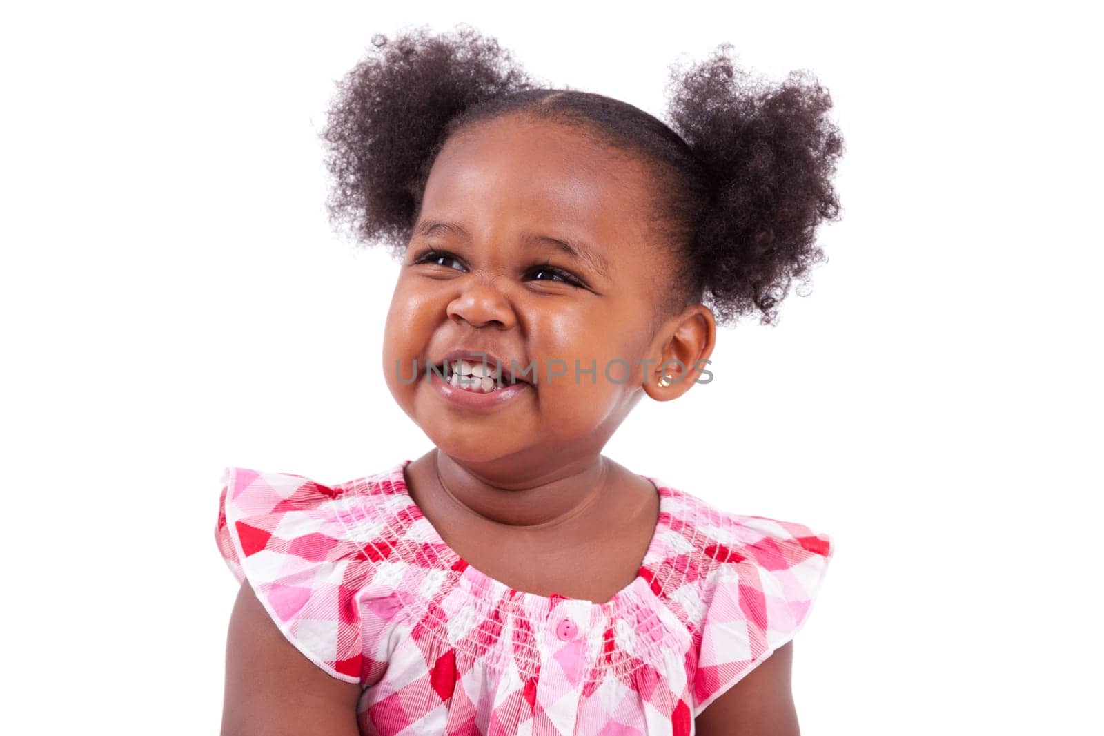 Cute little african american girl laughing, isolated on white background