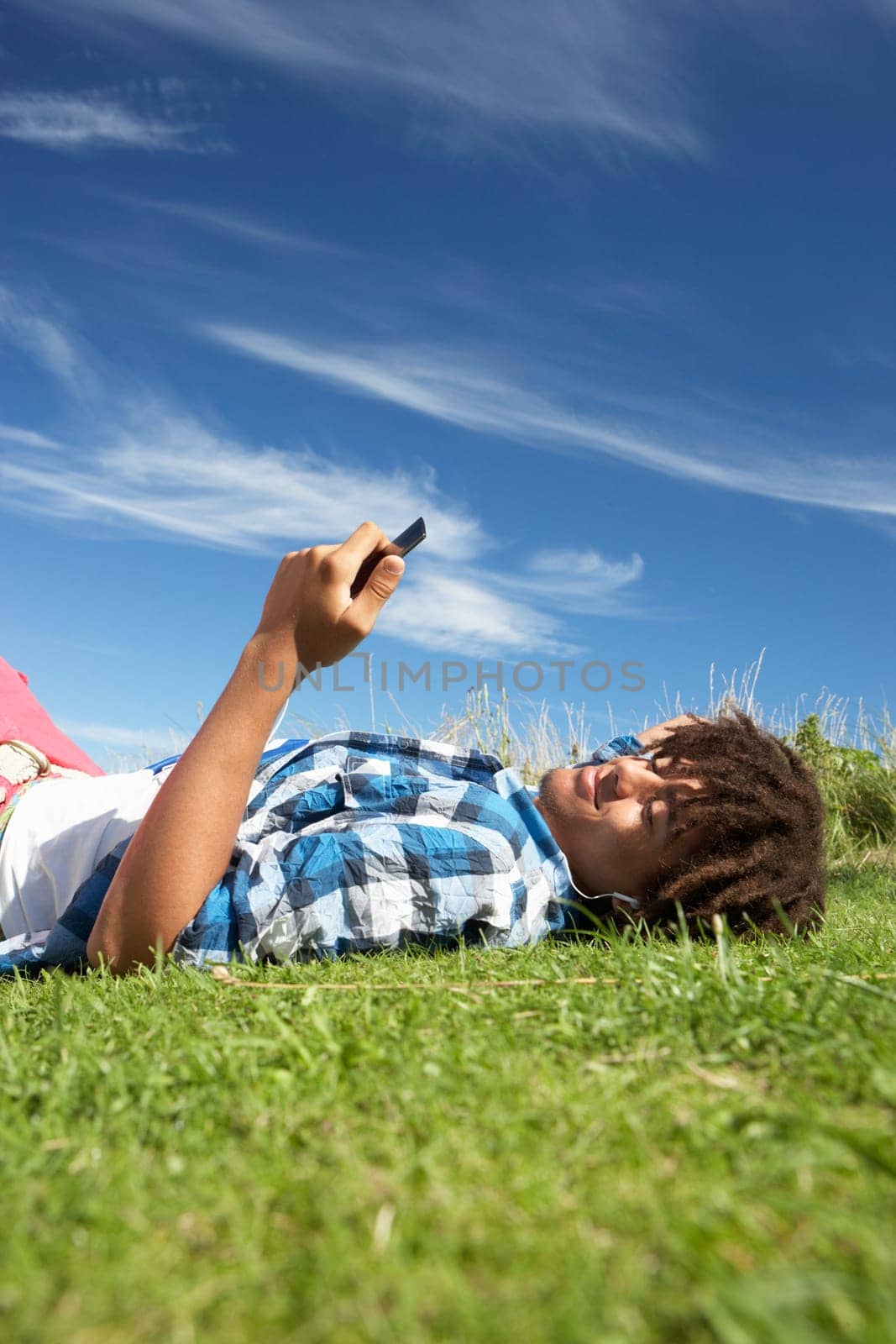 Teenage boy lying on grass with phone