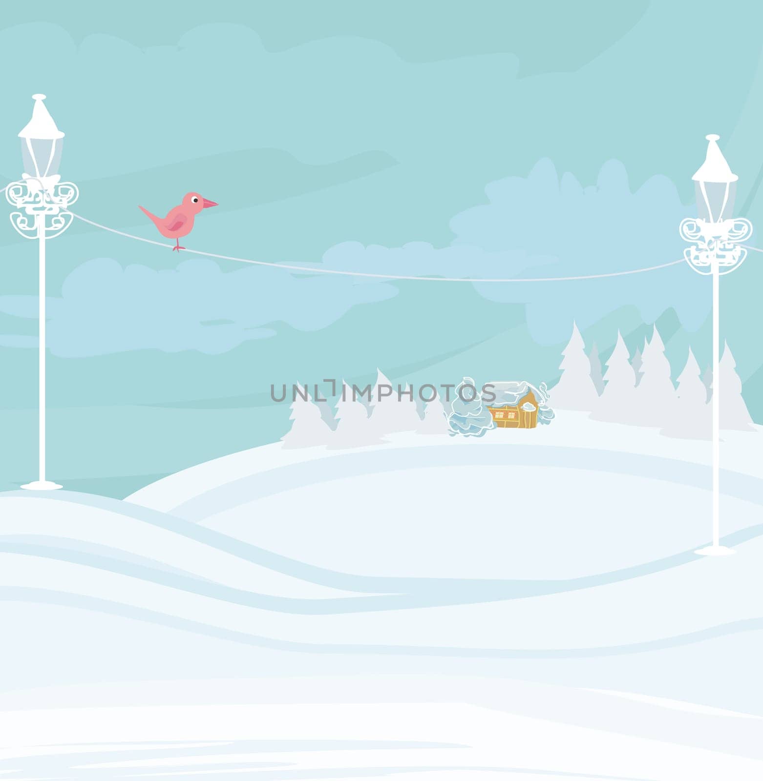 Christmas night in the village card on winter landscape