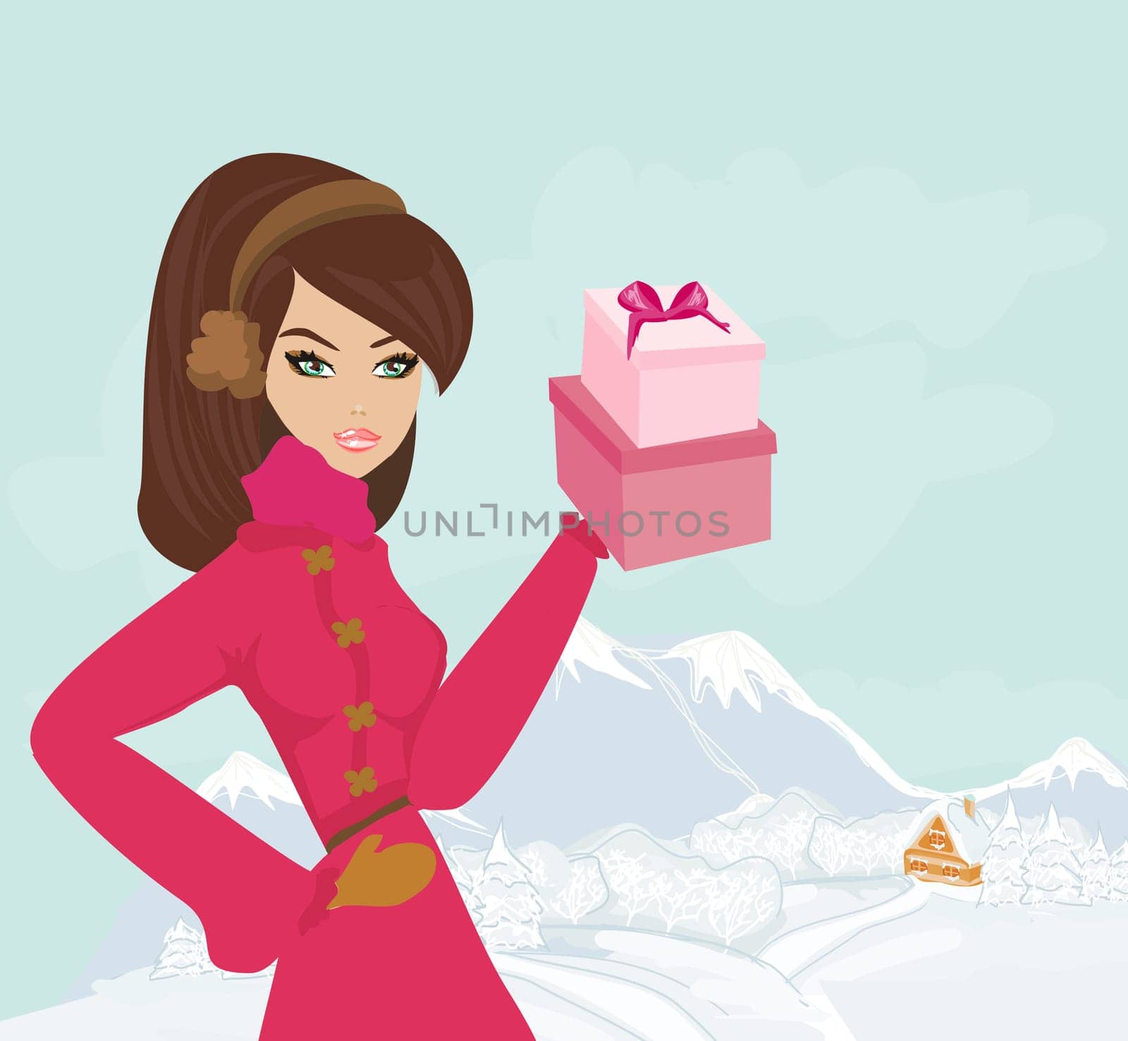 fashion shopping girl with gift box on winter landscape