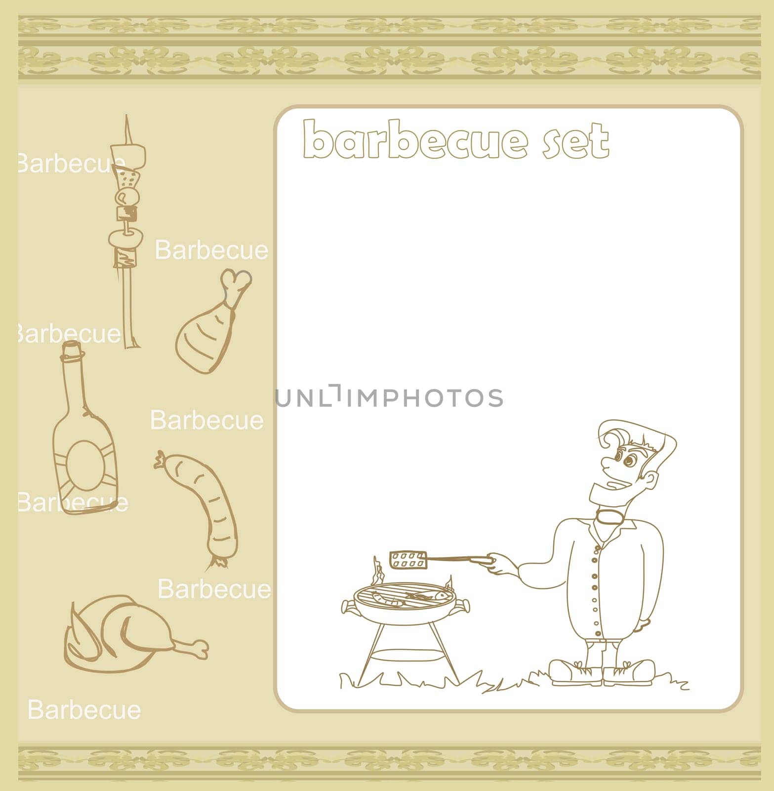 Cartoon Male dressed in grilling attire cooking meat - Invitation