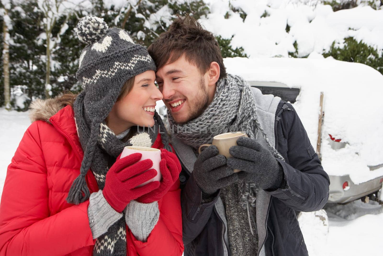Young couple in snow with car