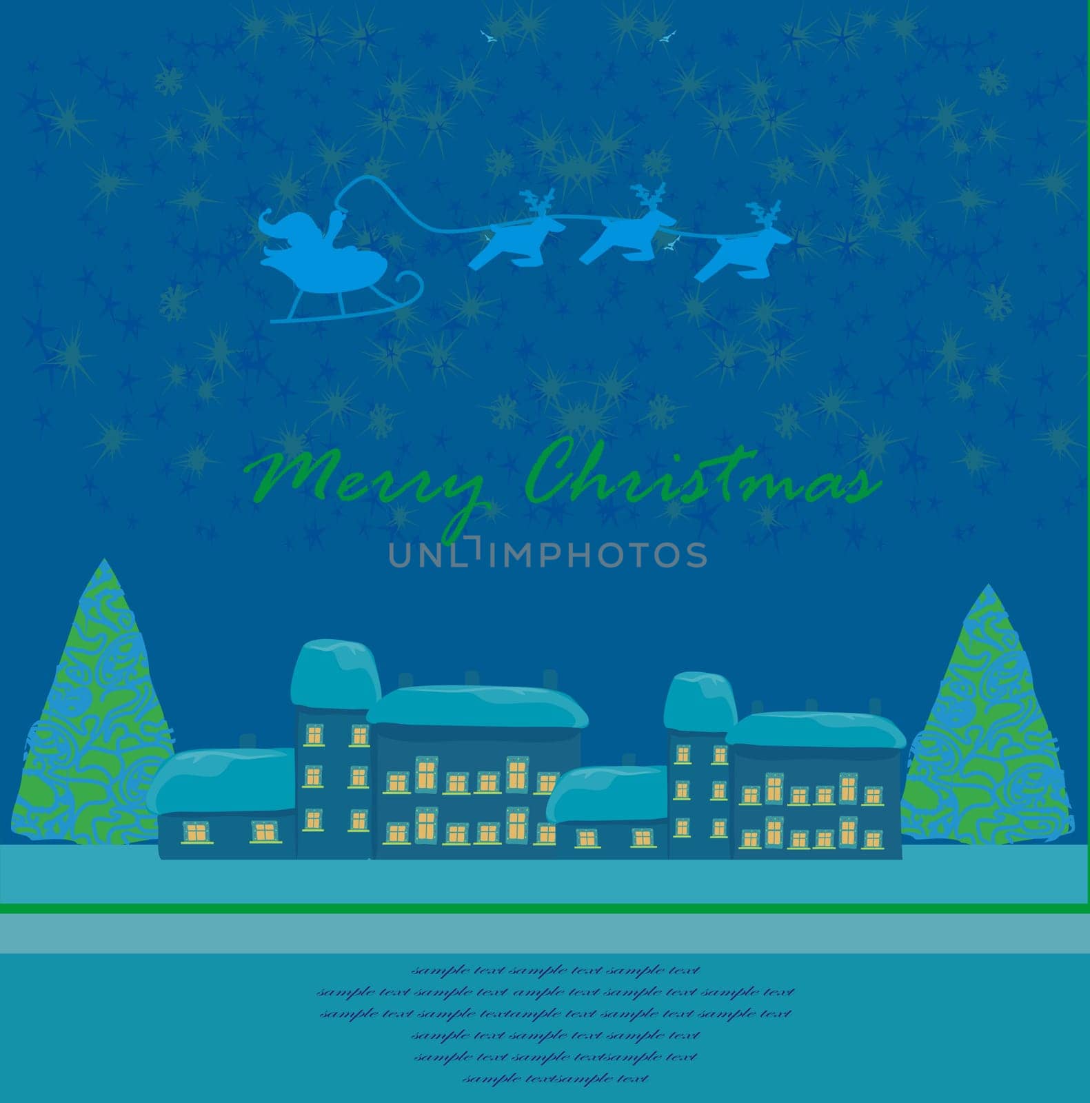 Happy New year card with Santa and winter landscape