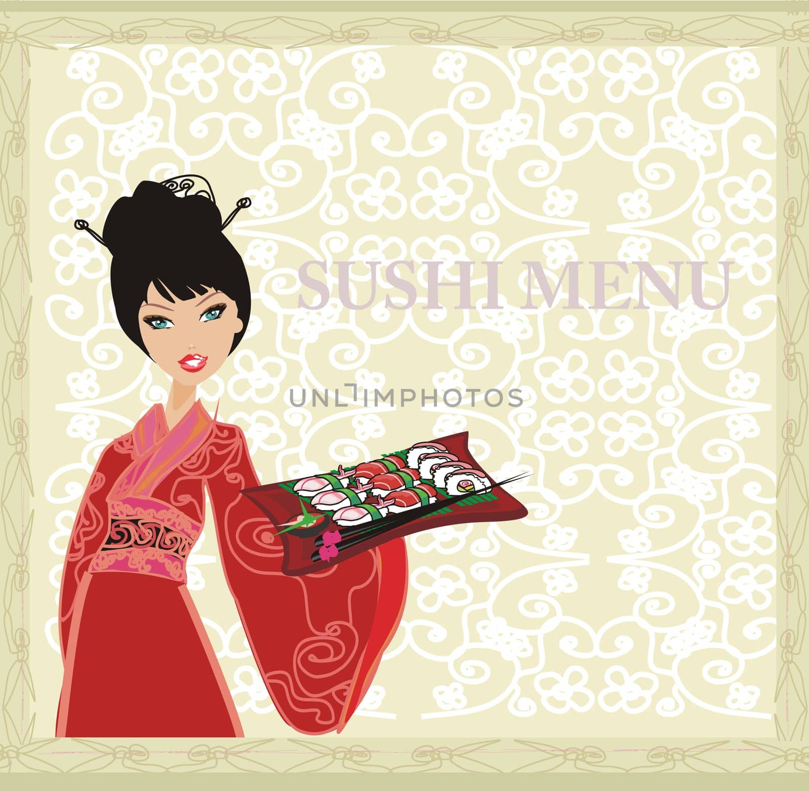beautiful Asian girl enjoy sushi - menu template