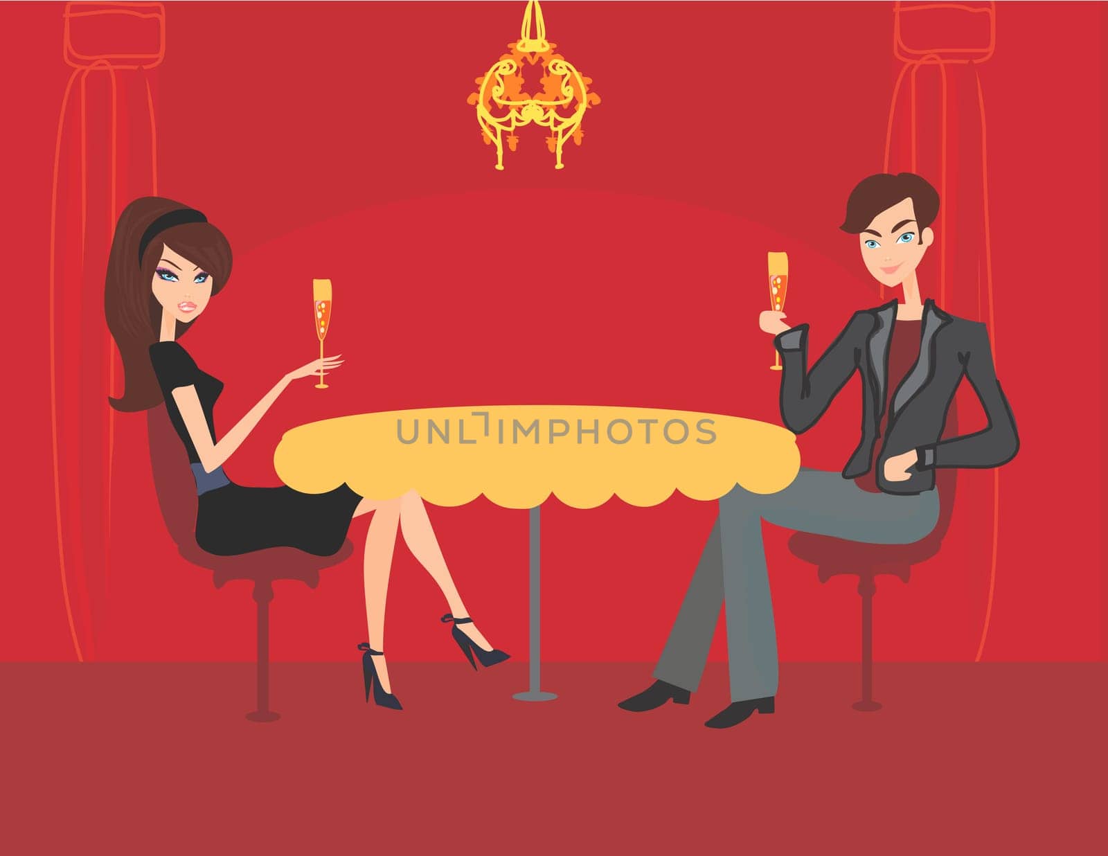 Young couple flirt and drink champagne