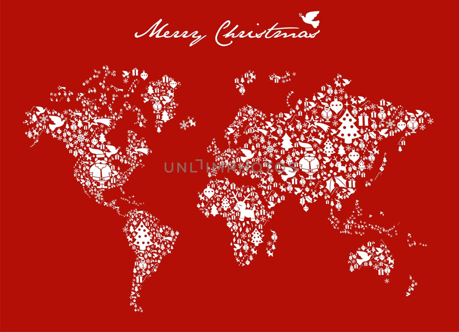 Merry Xmas with icon set in globe world map background. Vector file available.