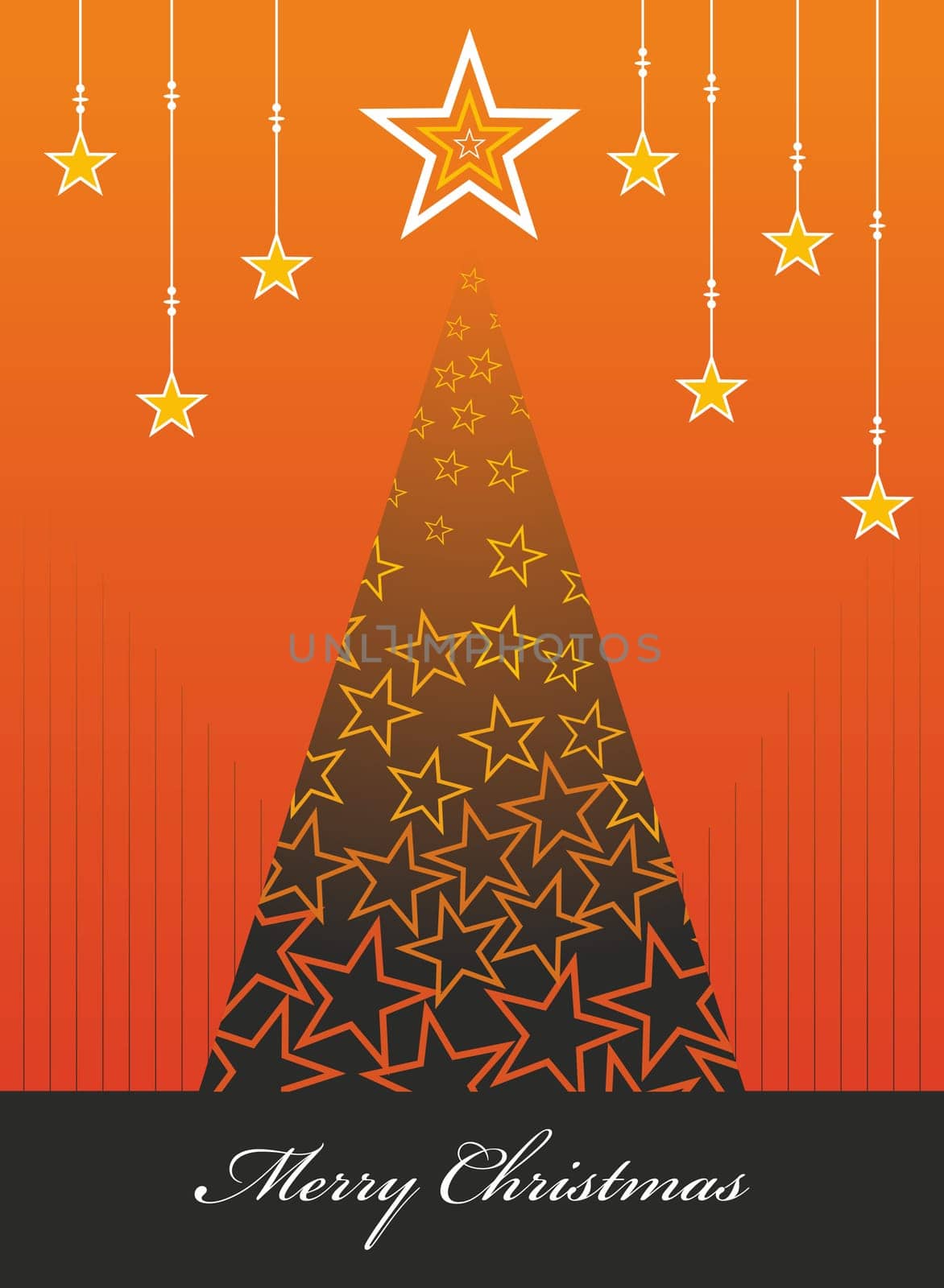 Christmas tree season orange palette illustration with snow and stars background. Vector file available.