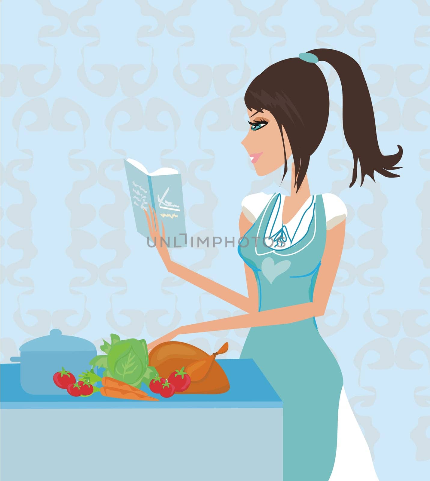 Beautiful lady cooking chicken with cookbook