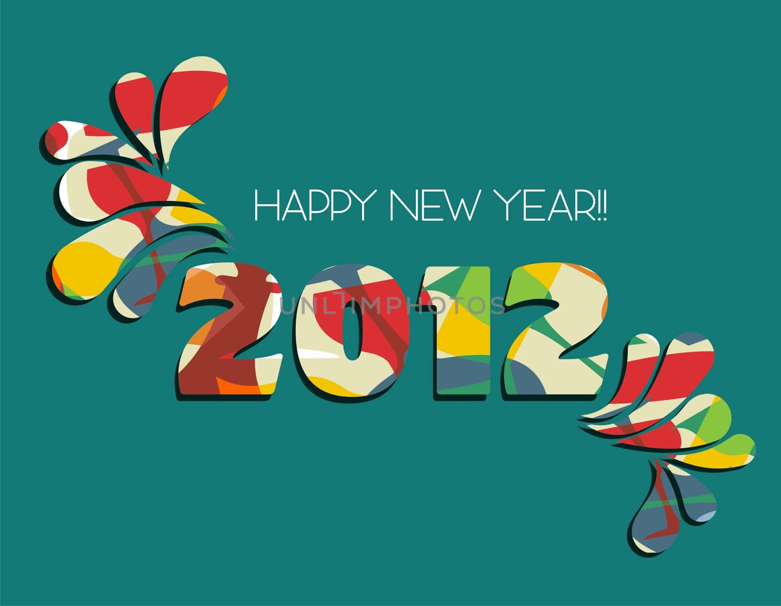Celebration of New Year 2012 with color splashs in green background. Vector file available.