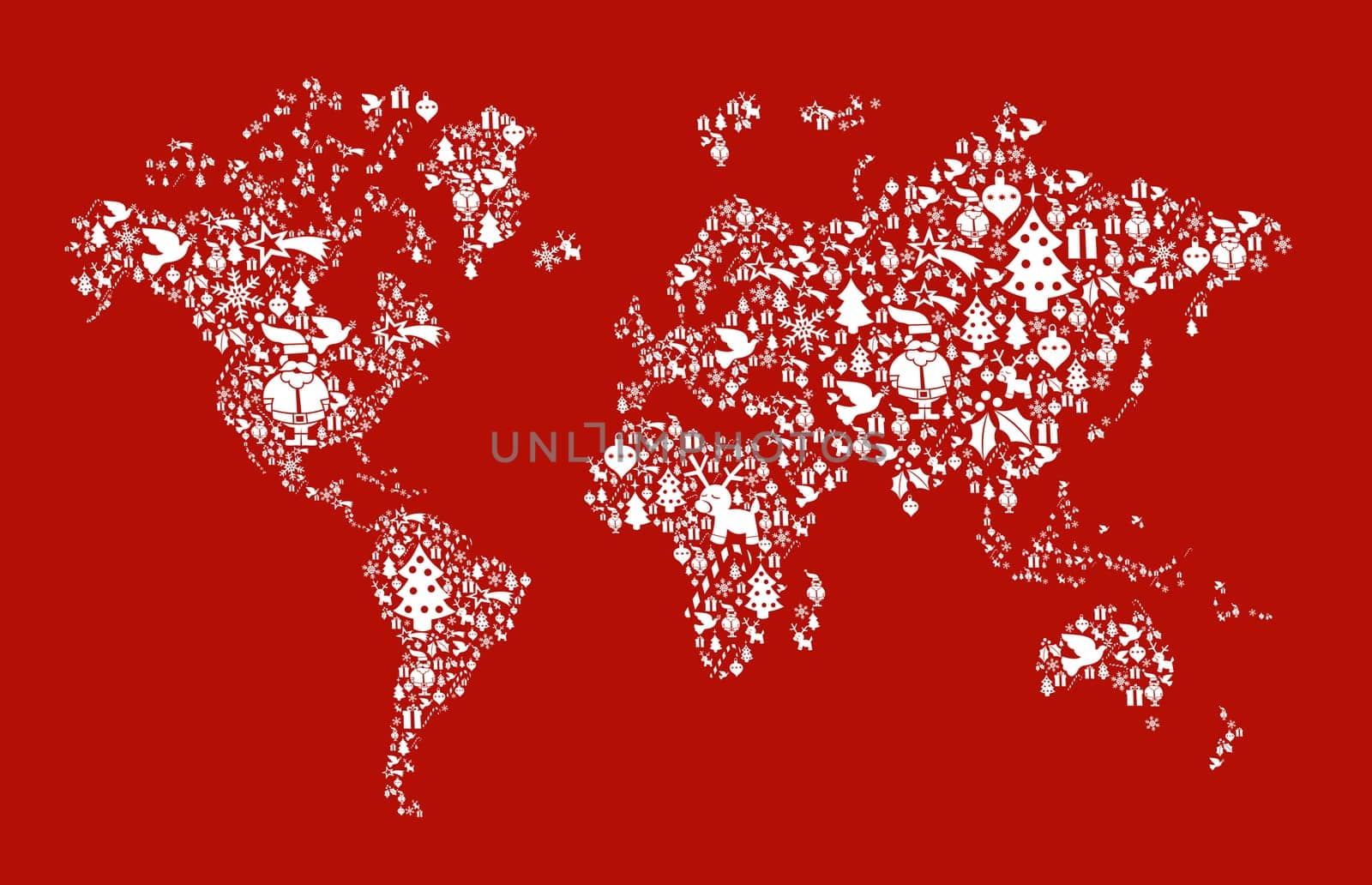 Christmas icon set in globe world map background. Vector file available.