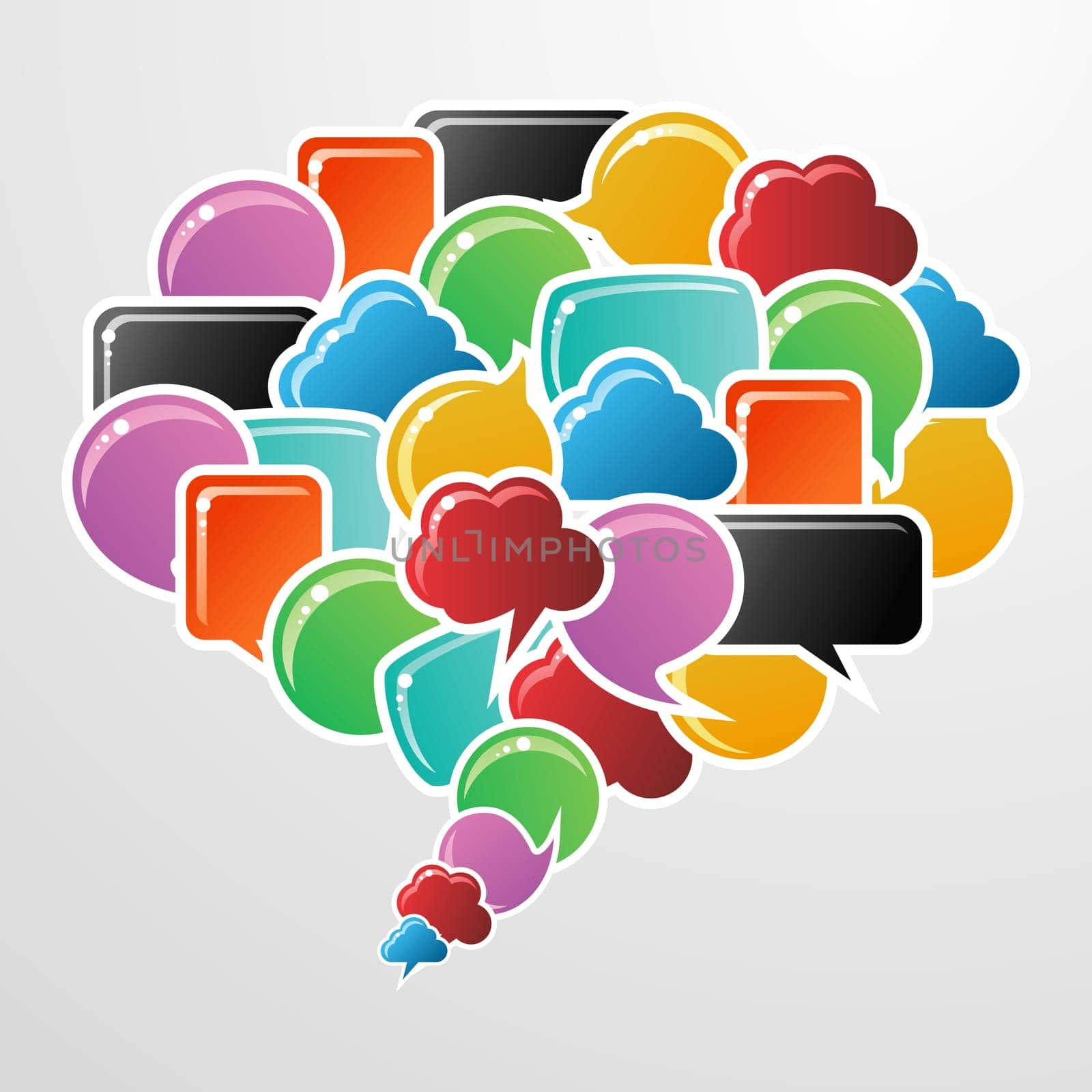 Social media bubbles in different colors and shapes in communication speech illustration. Vector file available.
