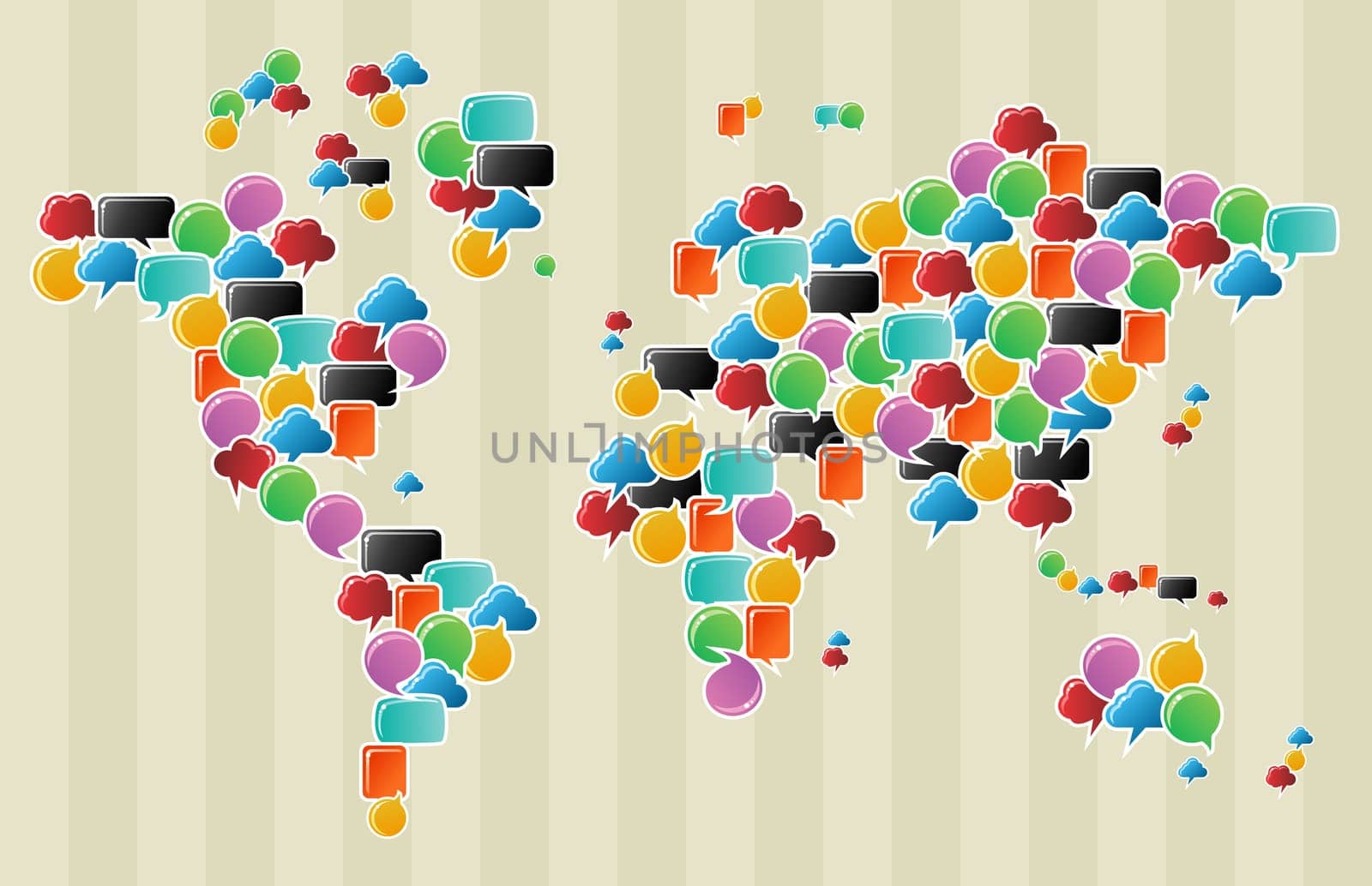 Social speech bubbles in different colors and forms in globe world map illustration. Vector file available.