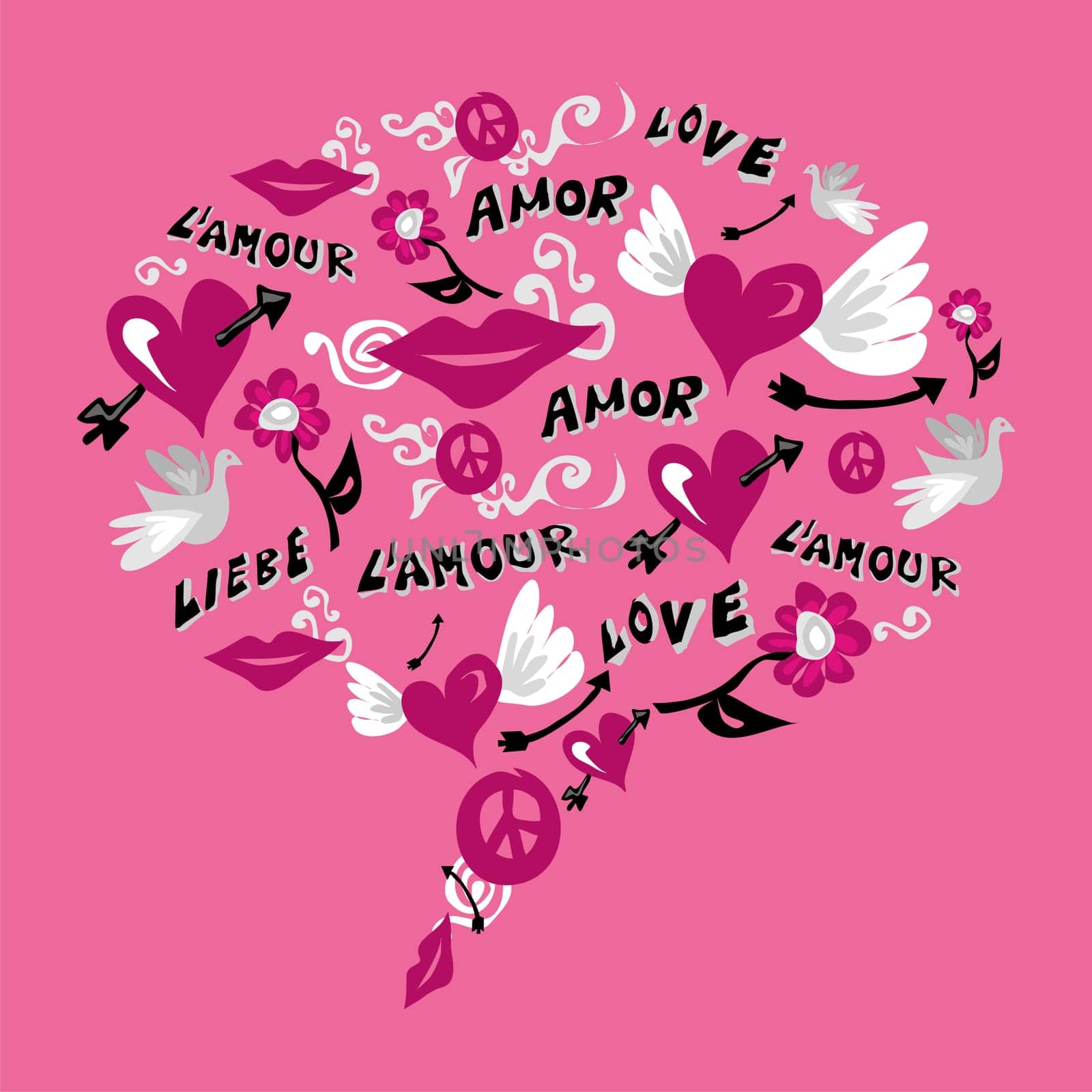 Social media speech bubble made with icons of love over pink background