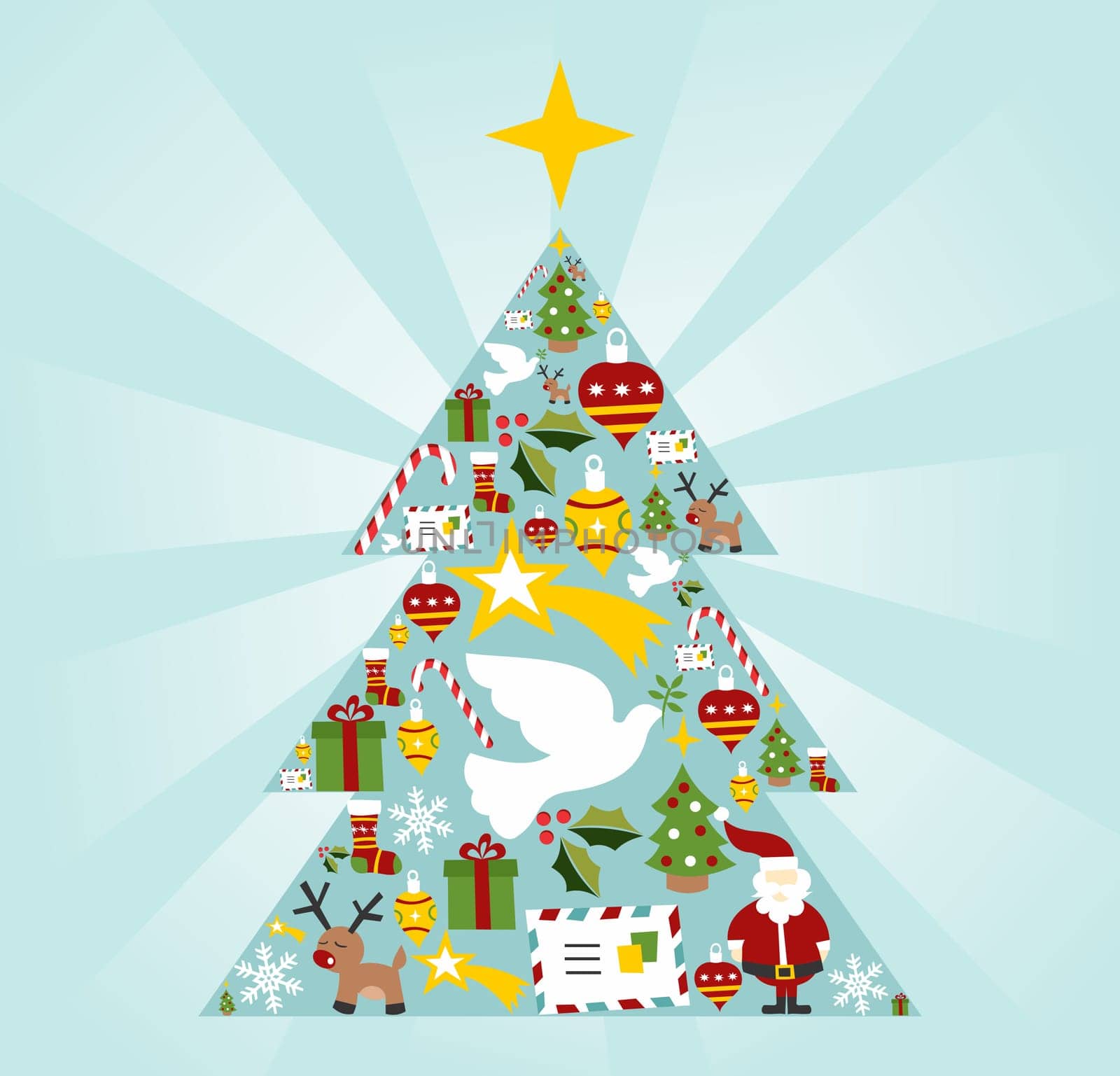 Christmas icon set in tree shape with a star on the top postcard background. Vector file available.