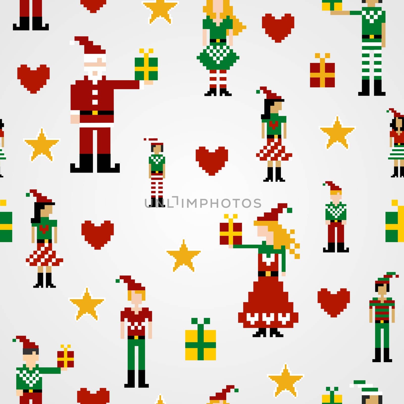 Santa and elves pixel characters christmas design. Seamless pattern background vector illustration.