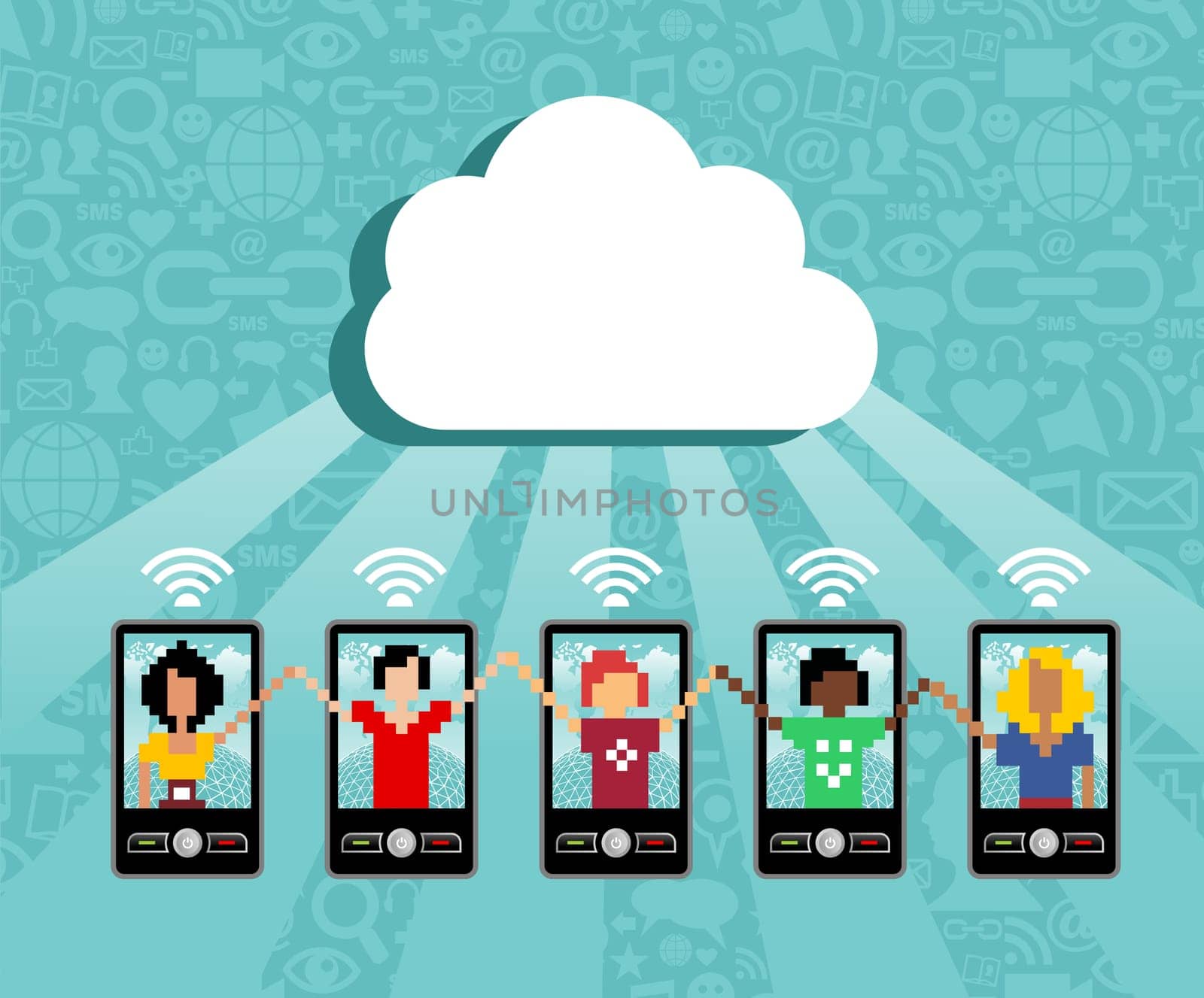 Cloud computing social team under cloud with cell phone connection on blue background.  Vector file available.