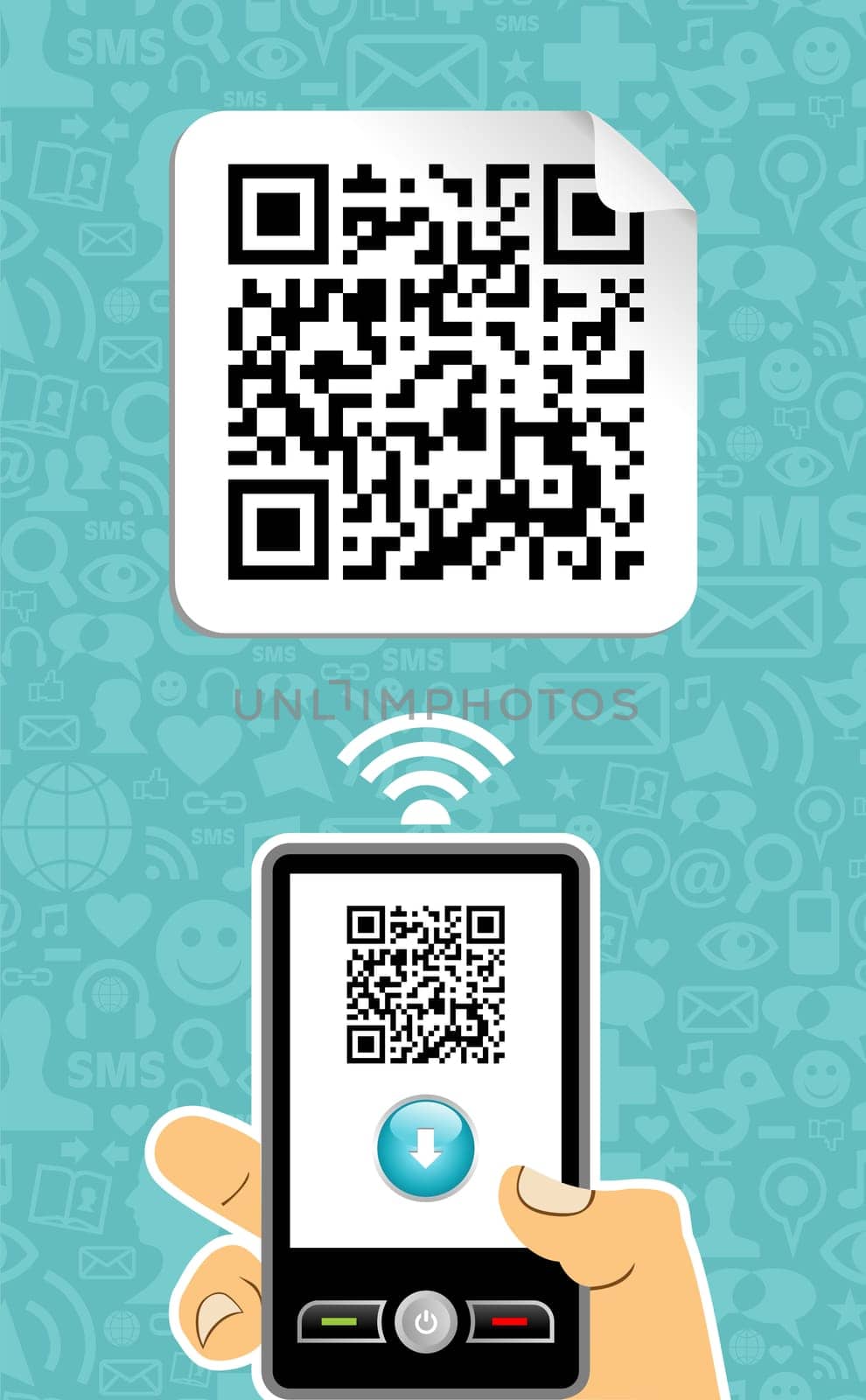 Hand with mobile phone scans the QR code on blue background.