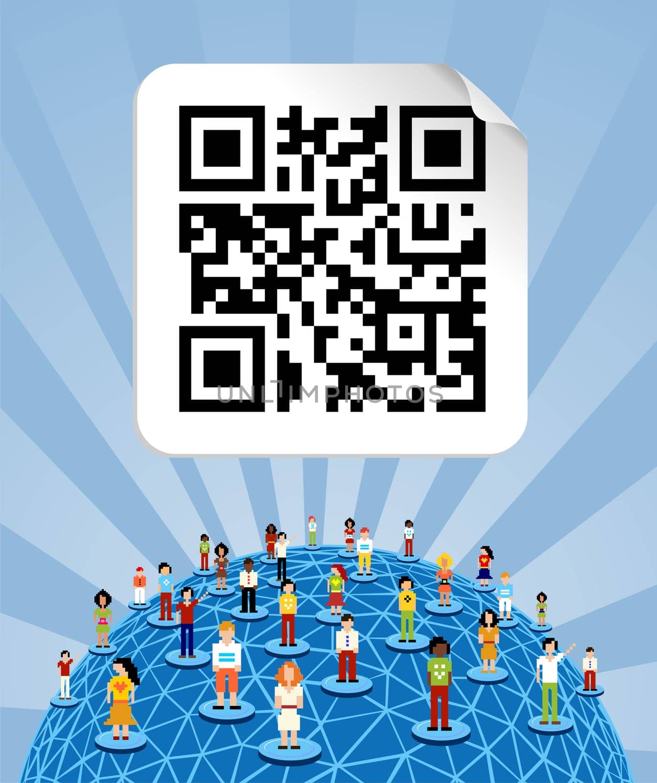 Social media people network connection concept with social QR code and World globe