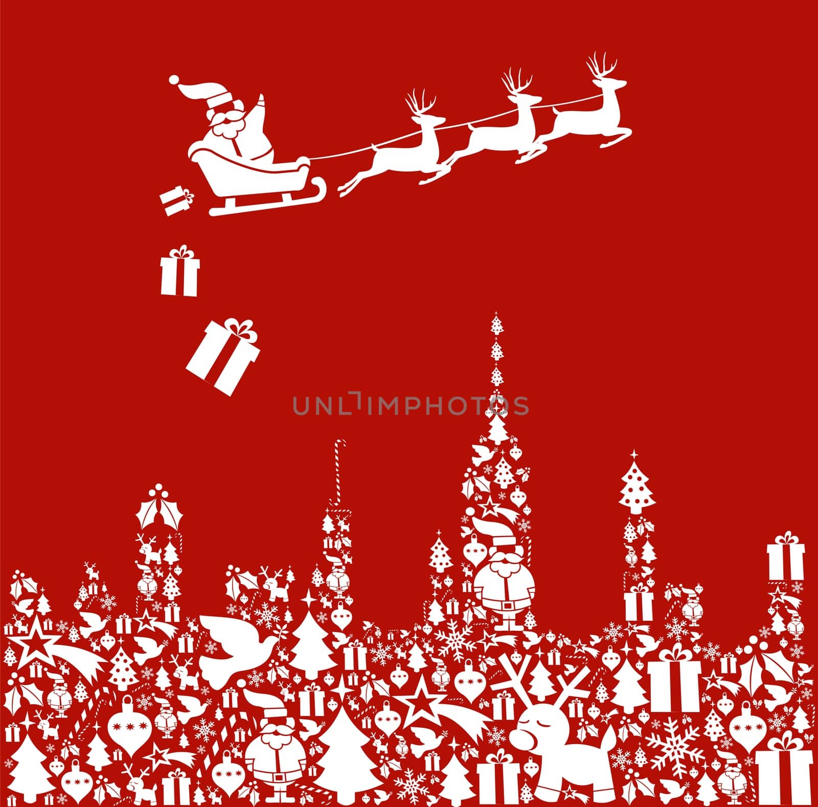 Christmas icon set in city shape and Santa delivers gifts from his sledge. Vector file illustration available.