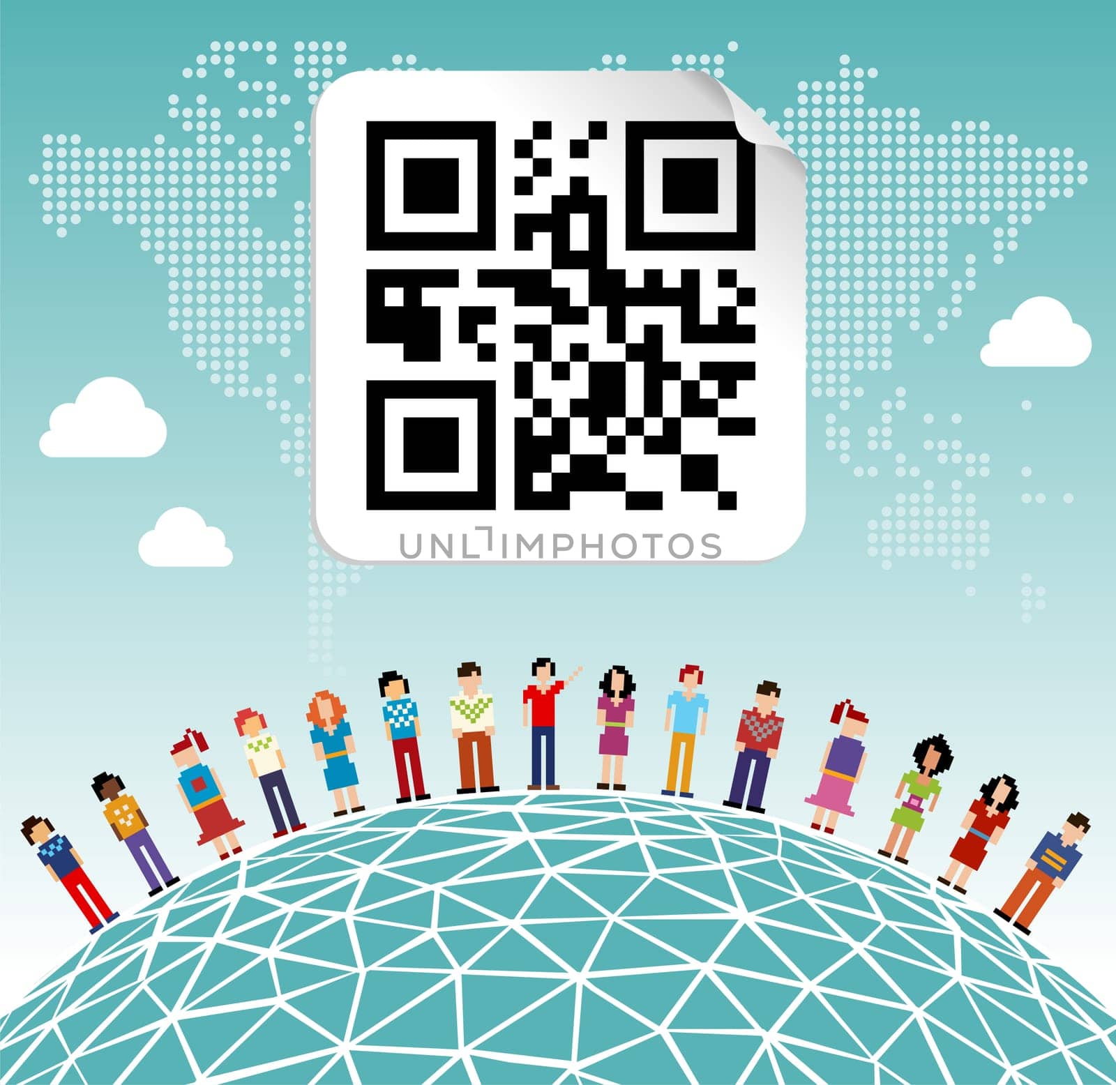 Social media network connection concept with social QR code and World map background