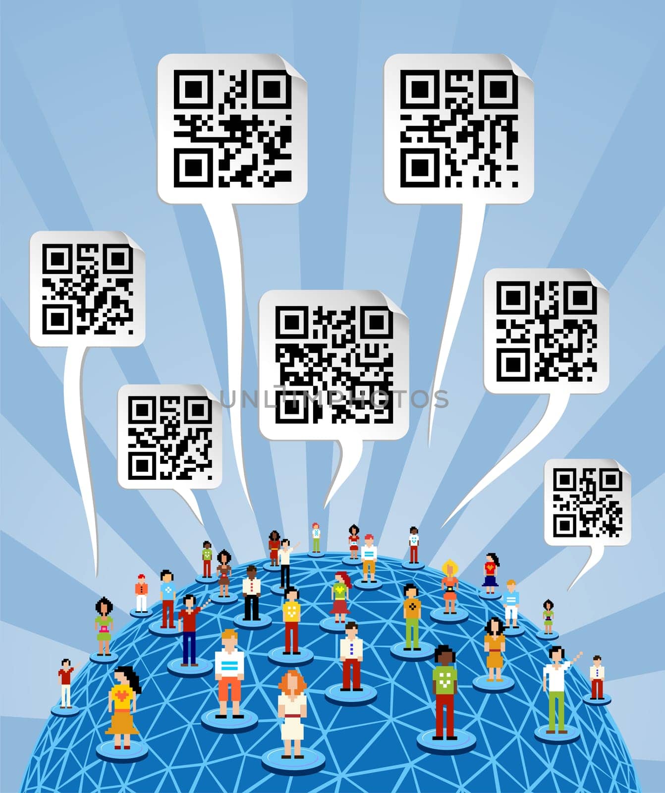 Social media people network connection concept with social QR codes in bubbles speech over World globe.