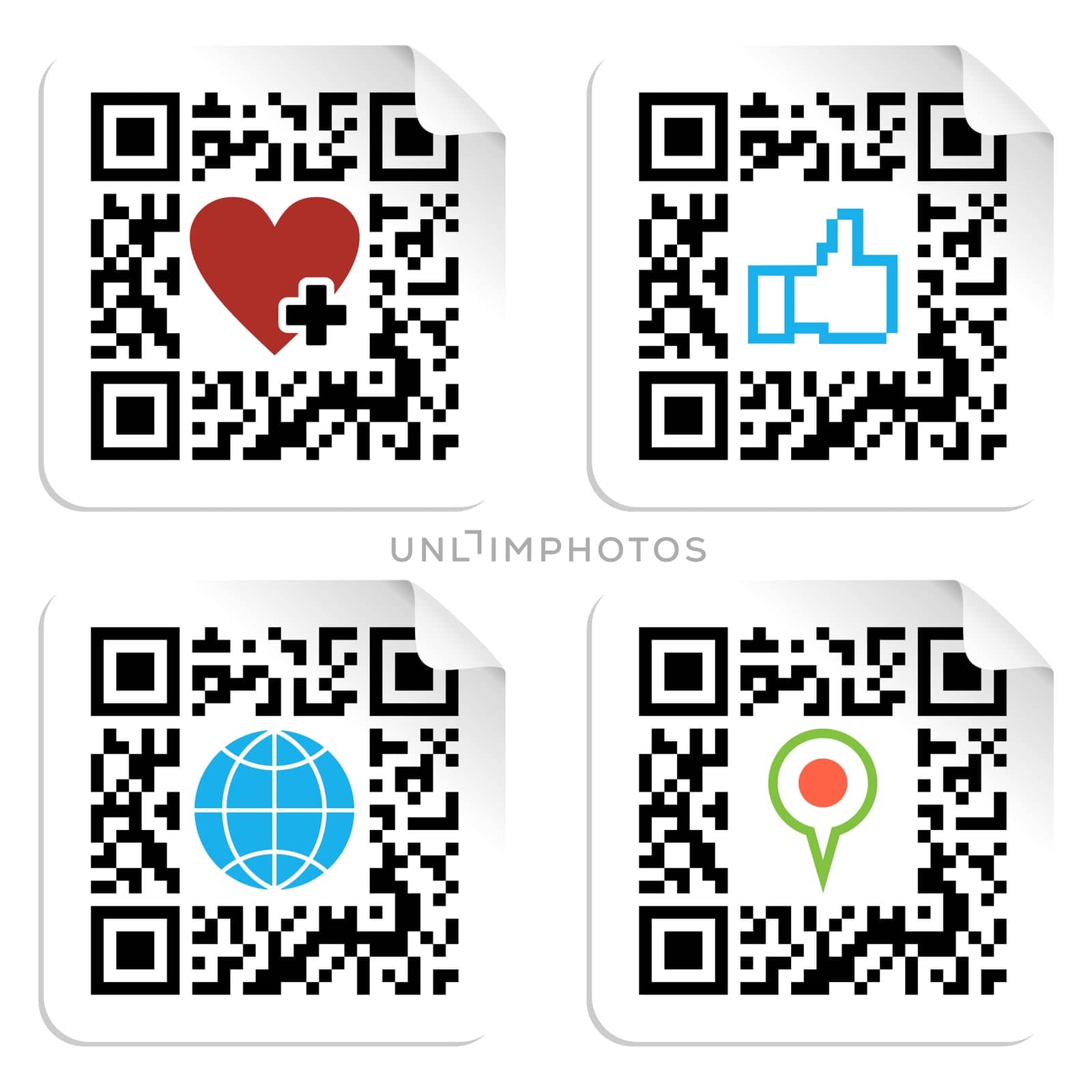 QR code technology concept with social media icons in labels. Vector file available.
