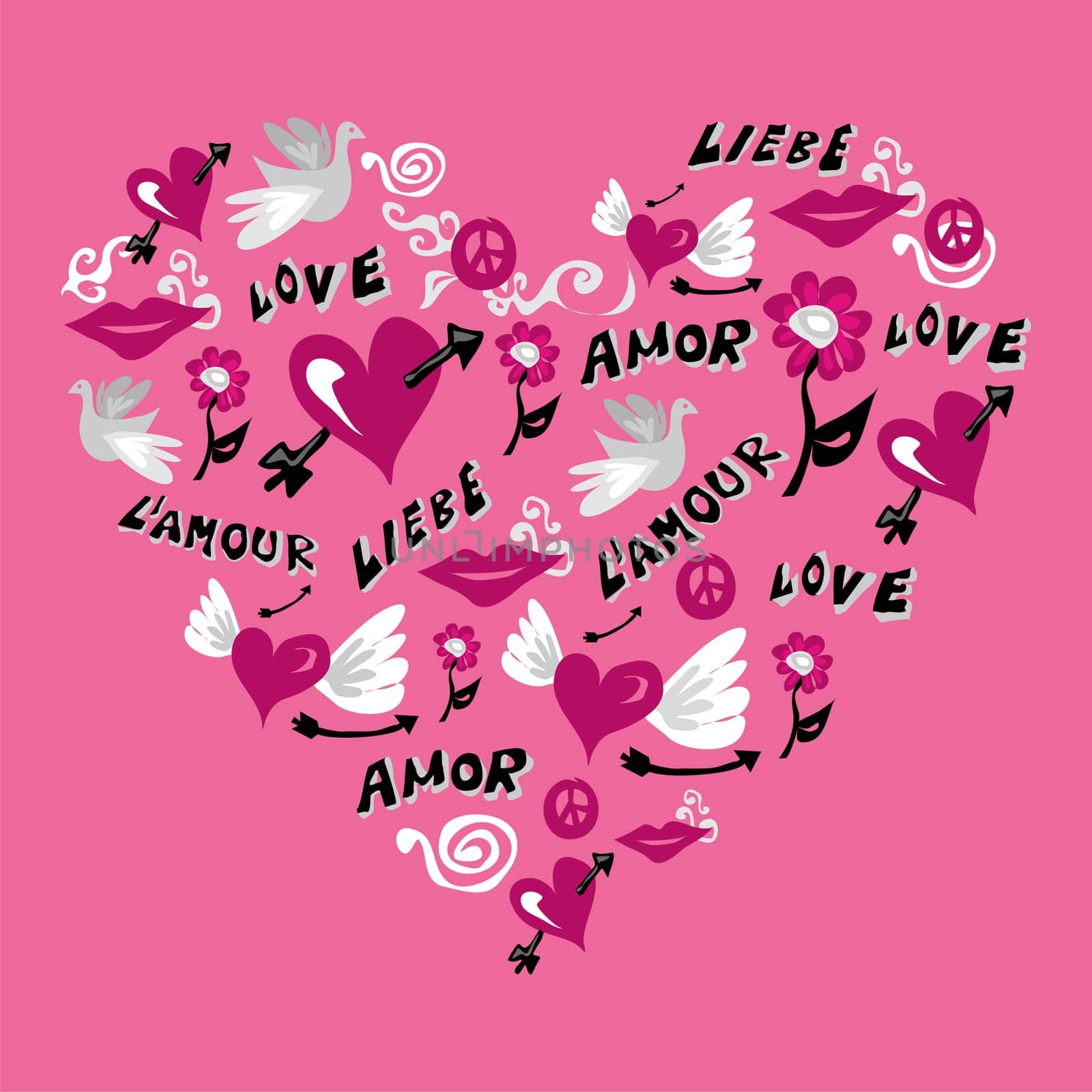 Love symbols composition in heart shape over pink background. Vector file available.