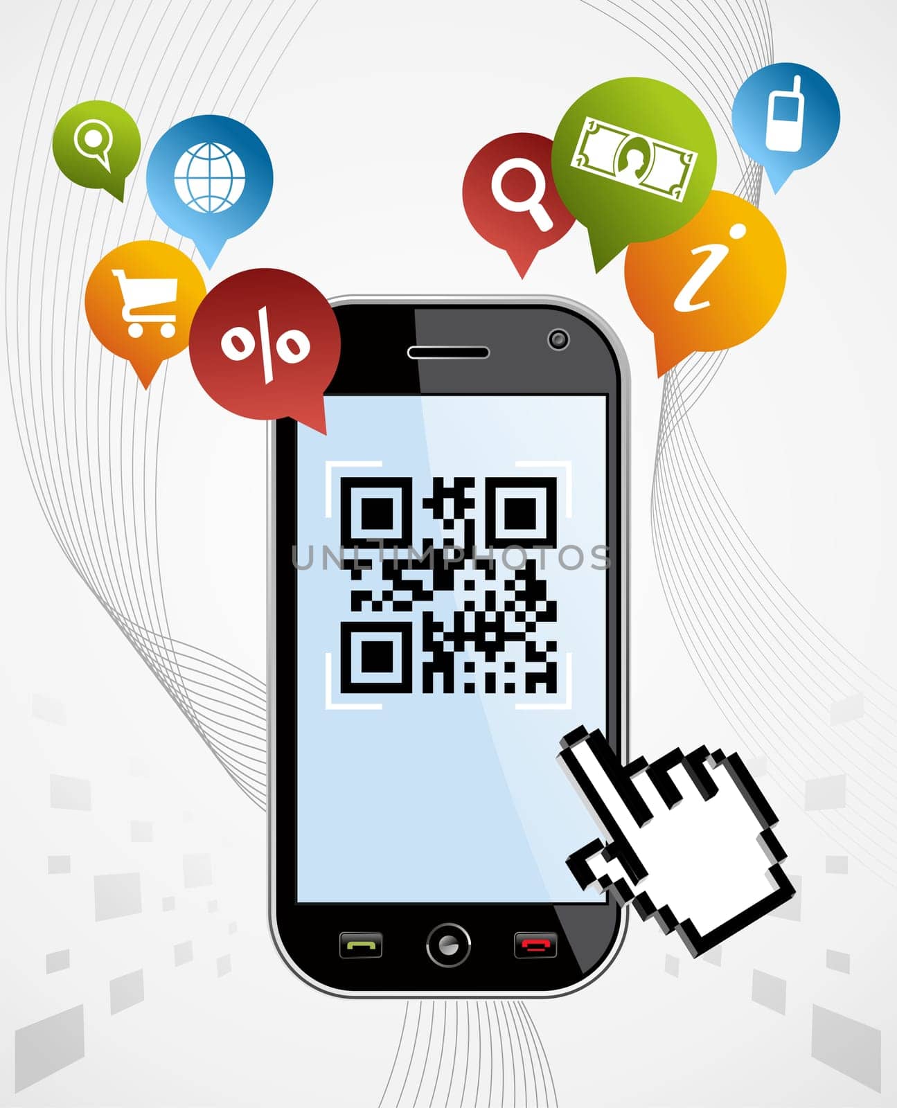 Black smartphone with QR code app on white background. EPS 8 vector, cleanly built with no open shapes or strokes. Grouped and ordered in layers for easy editing.