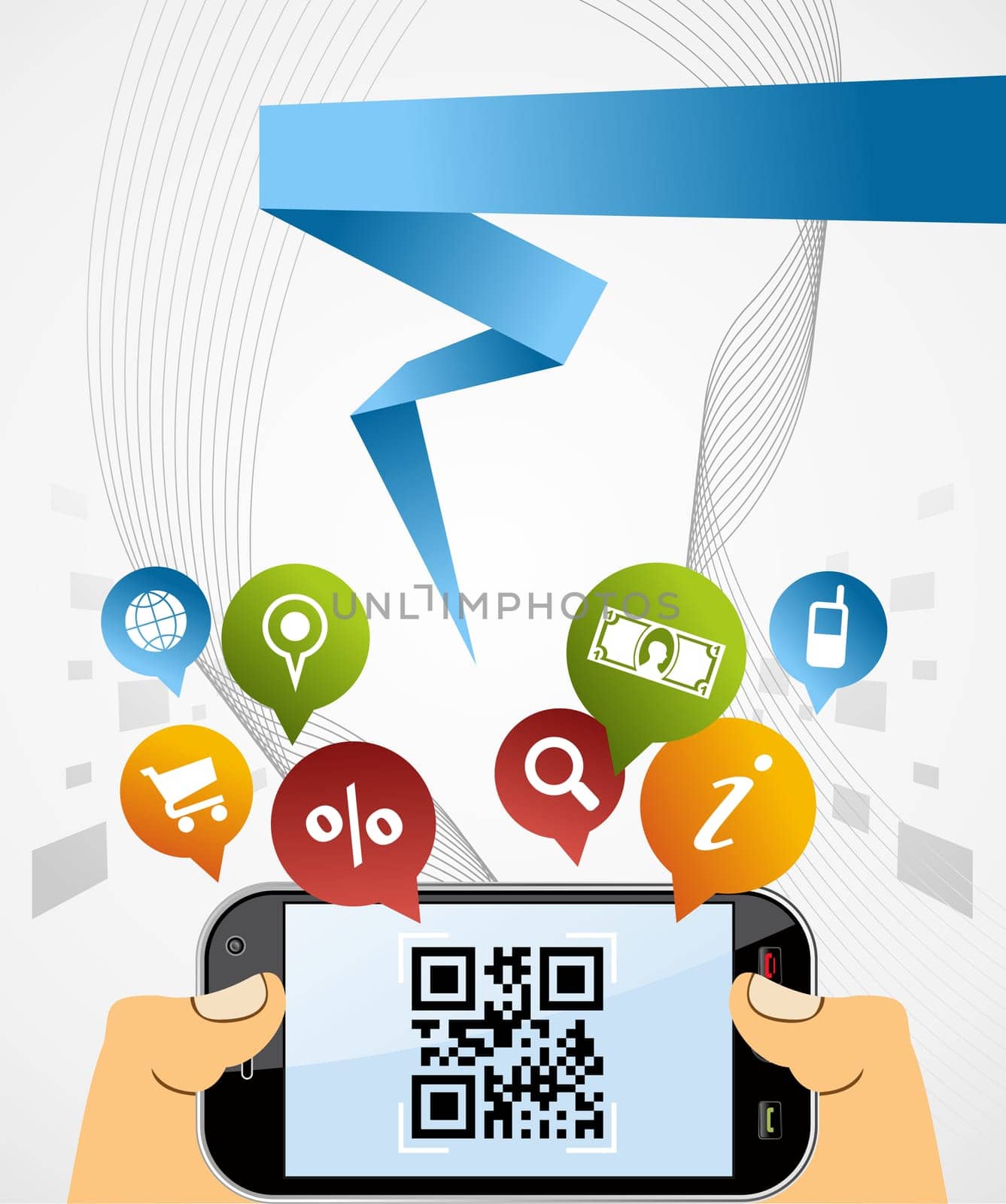 Black horizontal smartphone with QR code app on white background. EPS 8 vector, cleanly built with no open shapes or strokes. Grouped and ordered in layers for easy editing.